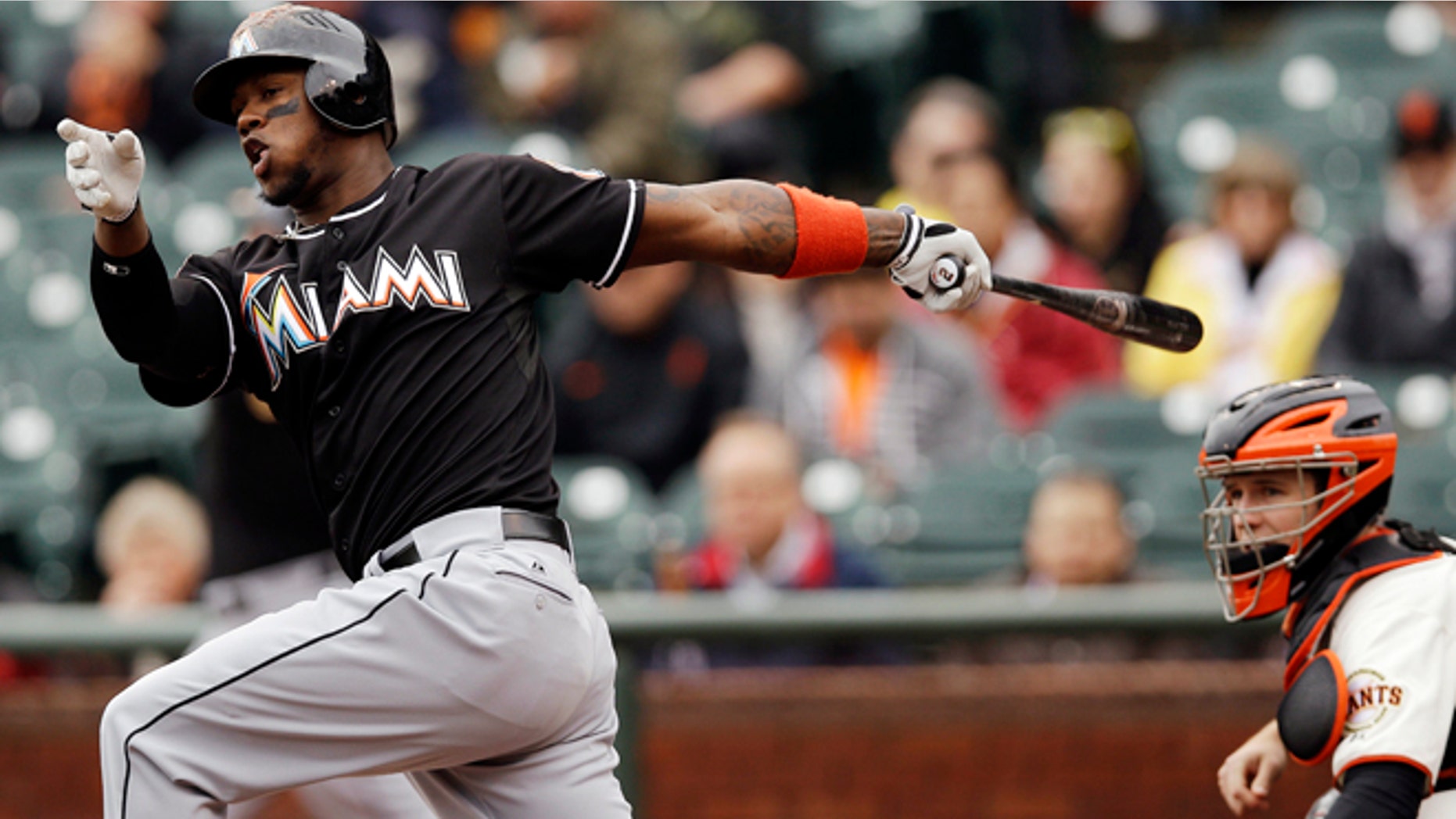 May 3, 2012: Miami Marlins' Hanley Ramirez grounding out and driving in a run, on a fielder's choice against the San Francisco Giants during the first inning of a baseball game in San Francisco. (AP Photo/Marcio Jose Sanchez)