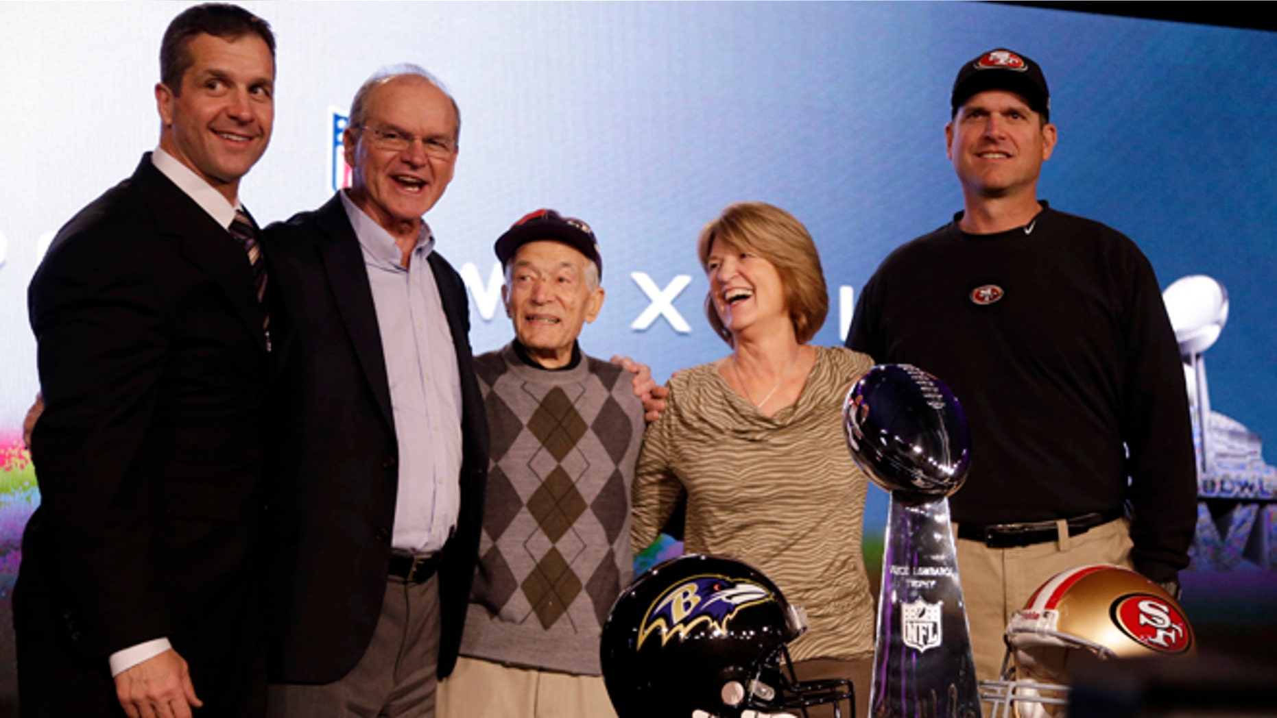 Feb. 1, 2013: San Francisco 49ers head coach Jim Harbaugh, right, and Baltimore Ravens head coach John Harbaugh, left, pose with their parents, Jack and Jackie, and grandfather Joe Cipiti during a news conference for the NFL Super Bowl XLVII football game in New Orleans.
