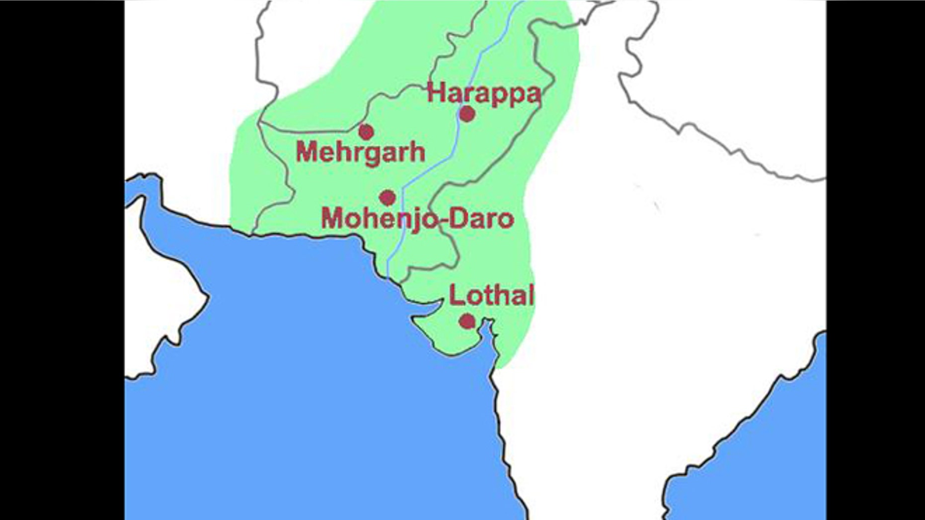 A simple map of the Indus Civilization (or Harappa civilization) with important archeological sites noted.