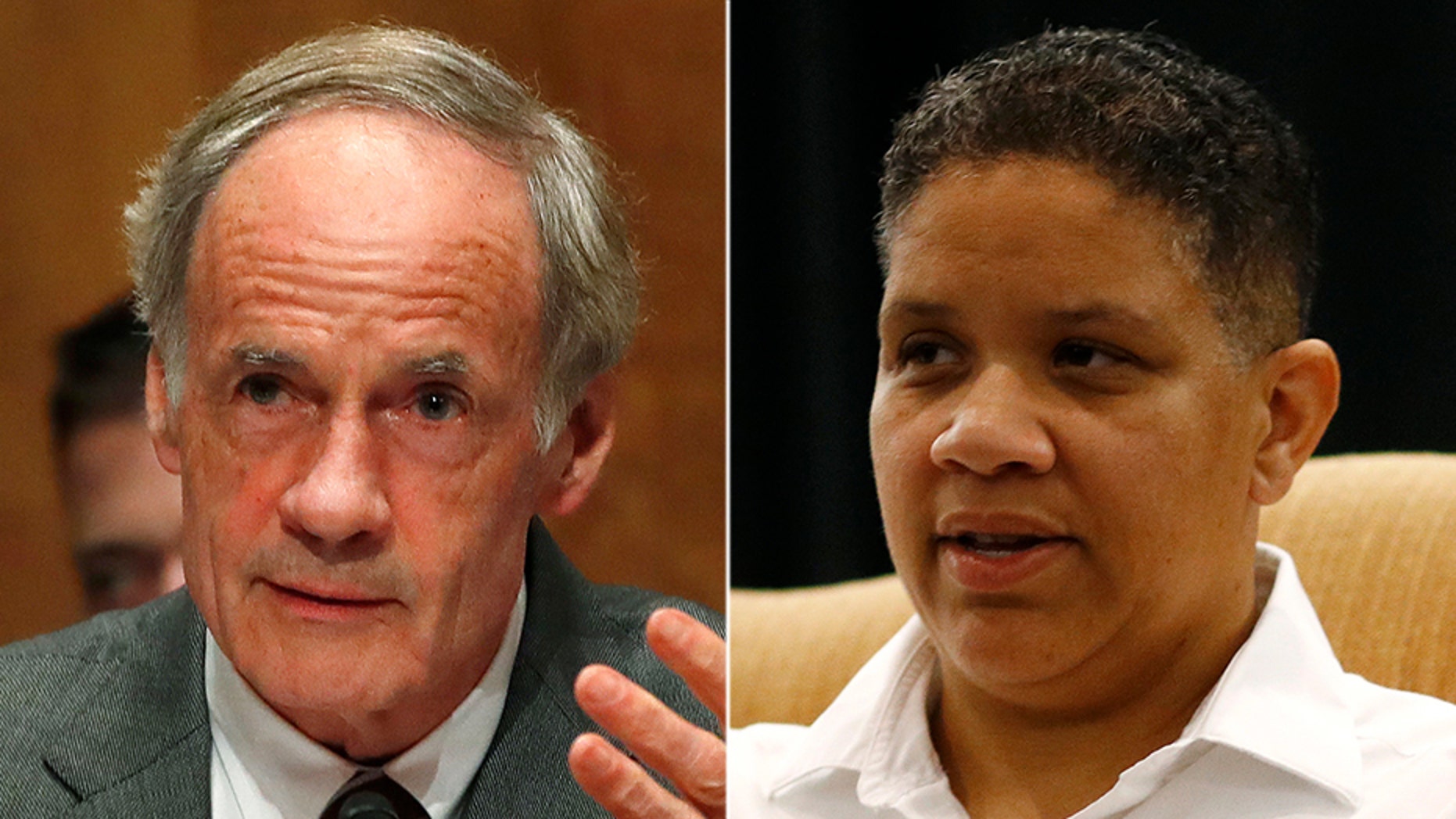 Kerri Evelyn Harris, right, is challenging Sen. Tom Carper in a primary Thursday.