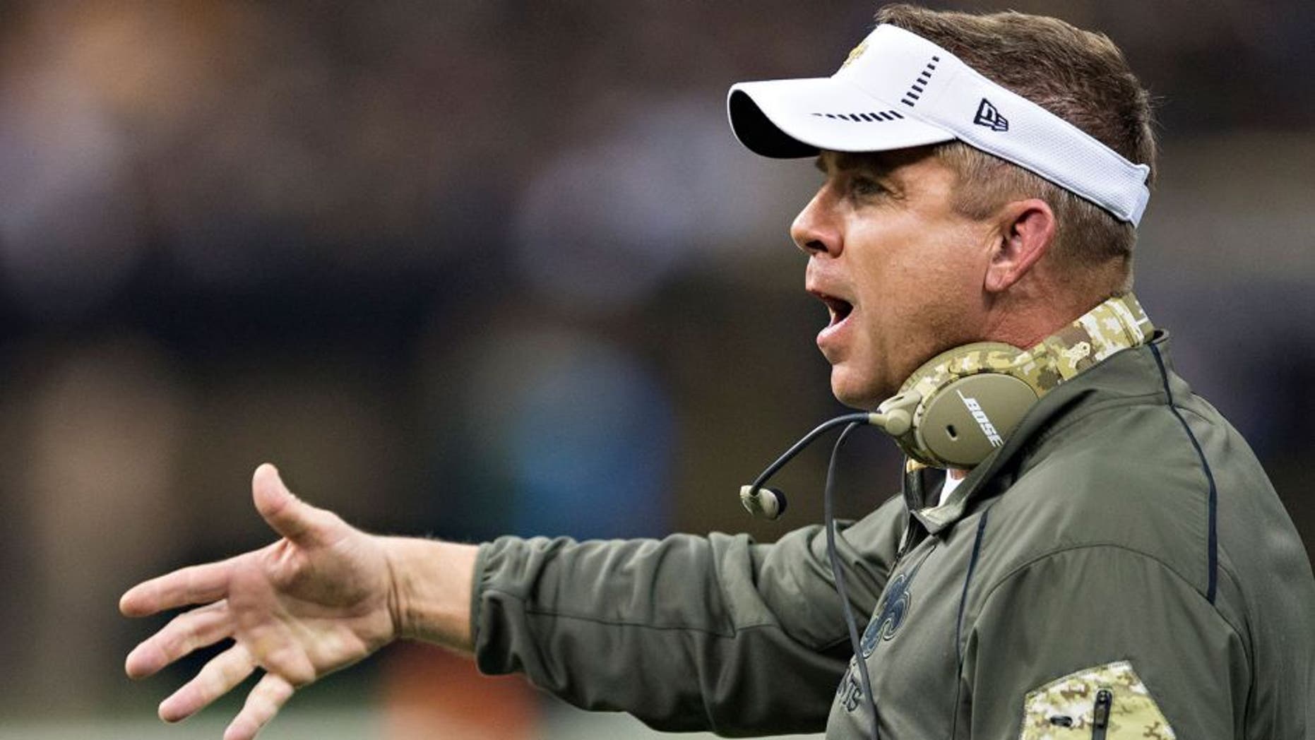 NEW ORLEANS, LA - NOVEMBER 8: Head Coach Sean Payton of the New Orleans Saints has a discussion with a official during a game against the Tennessee Titans at Mercedes-Benz Superdome on November 8, 2015 in New Orleans, Louisiana. The Titans defeated the Saints in overtime 34-28. (Photo by Wesley Hitt/Getty Images)