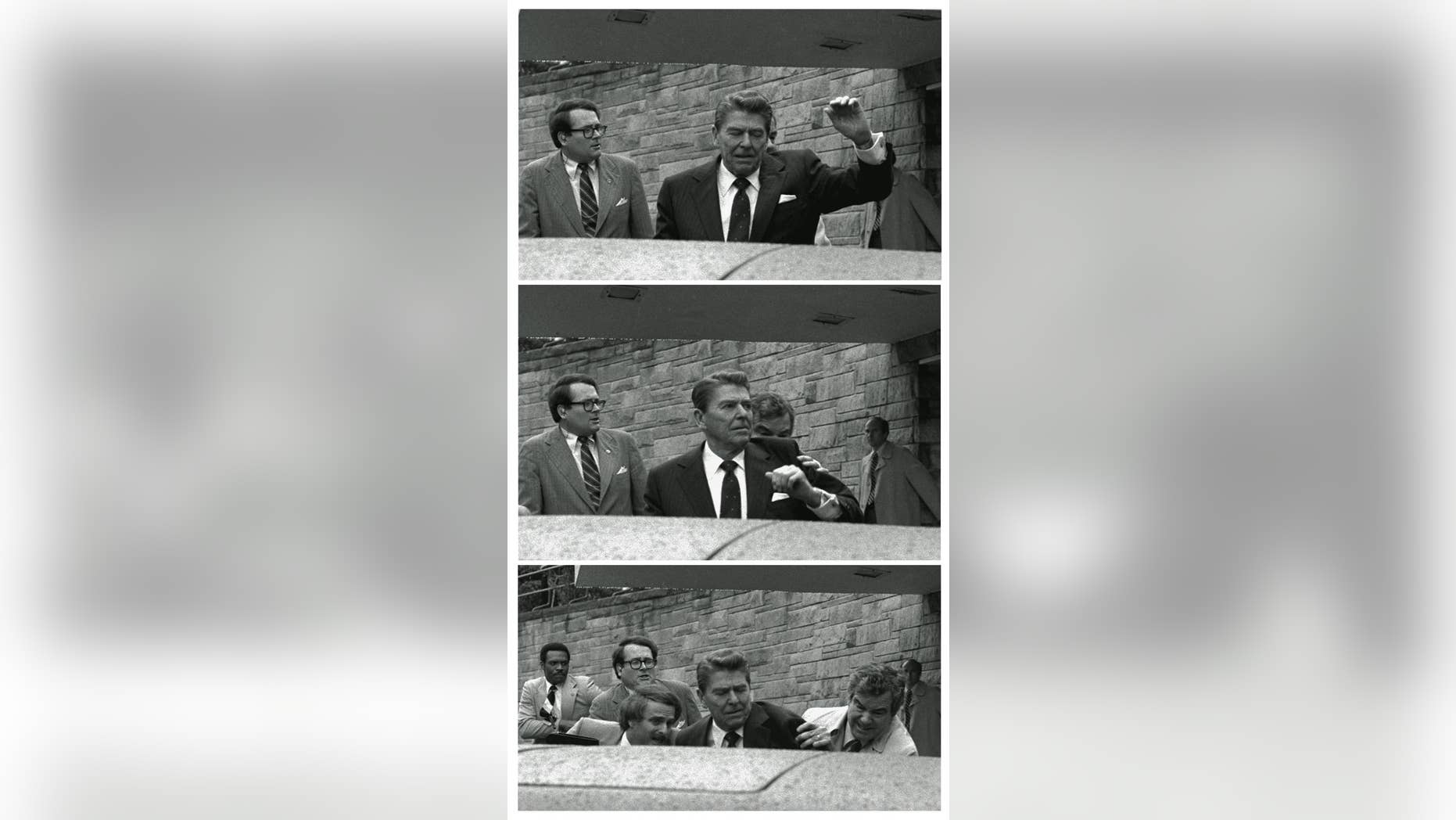 FILE - In this March 30, 1981 black-and-white three picture combo file photo, President Reagan waves, then looks up before being shoved into Presidential limousine by Secret Service agents after being shot outside a hotel in Washington. The last man to shoot an American president now spends most of the year in a house overlooking the 13th hole of a golf course in a gated community. He takes long walks along tree-lined paths, plays guitar and paints, grabs fast food at Wendy’s. He drives around town in a silver Toyota Avalon, a car that wouldn’t attract a second glance. Often, as if to avoid detection, he puts on a hat or visor before going out. (AP Photo/Ron Edmonds, File)