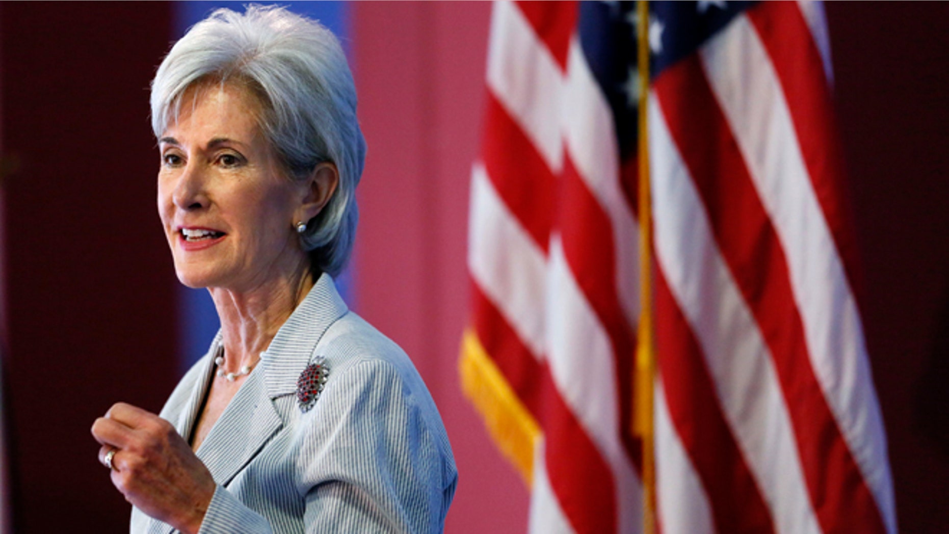FILE - In this Aug. 22, 2013, file photo, Health and Human Services Secretary Kathleen Sebelius speaks during an event discussing the federal health care overhaul in Philadelphia. With new health insurance markets launching next week, the Obama administration is unveiling premiums and plan choices for 36 states where the federal government is taking the lead to cover uninsured residents. The overview of premiums and plan choices, being released Sept. 25 by Sebelius, comes as the White House swings into full campaign mode to promote the benefits of the Affordable Care Act to a skeptical public. (AP Photo/Matt Rourke, File)