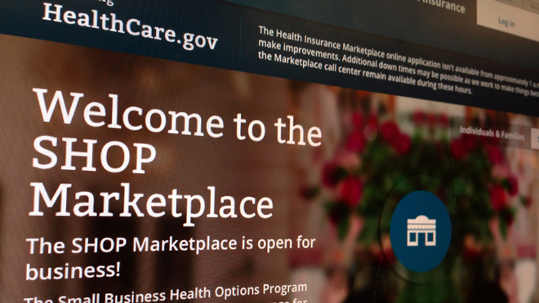 FILE - This Nov. 27, 2013, file photo shows part of the HealthCare.gov website page featuring information about the SHOP Marketplace is photographed in Washington, on Nov. 27, 2013. Trying to limit election-year damage on health care, the Obama administration Monday, Feb. 10, 2014, granted business groups another delay in a much-criticized requirement that larger firms cover their workers or face fines. (AP Photo/Jon Elswick, File)