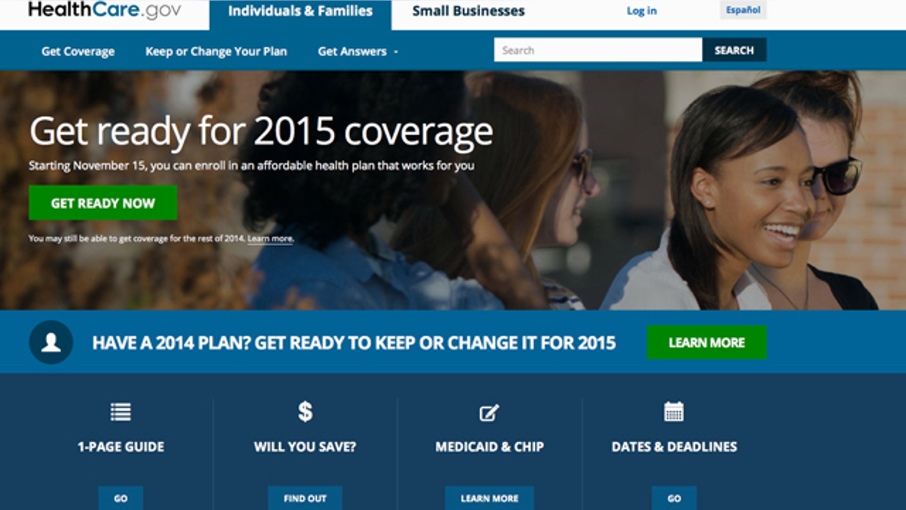 FILE - A screen shot shows the home page of HealthCare,gov. President Barack Obama's health insurance expansion faces the biggest test of its second year on Monday, the deadline to sign up for coverage that starts Jan. 1. (AP Photo, File)