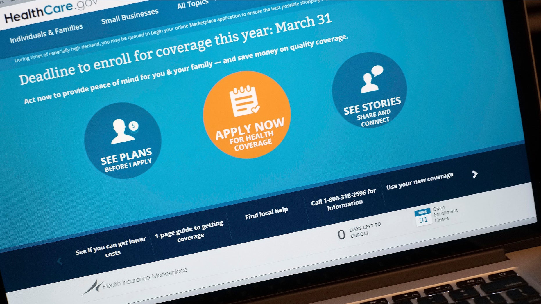 The HealthCare.gov website is shown on a laptop in Washington, Monday, March 31, 2014. Today is the deadline to sign up for private heath insurance in the online markets created by President Obama's heath care law or face a federal fines.