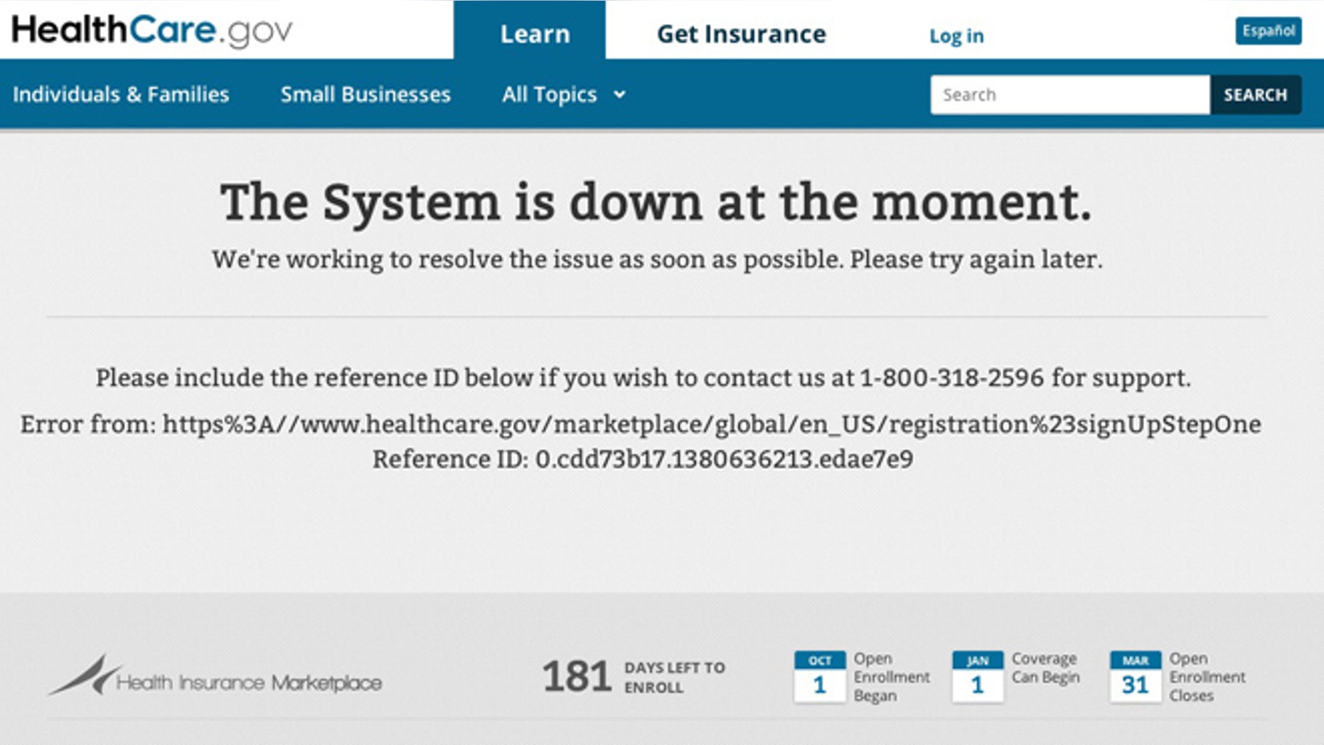 A screenshot of the HealthCare.gov website, which has experienced numerous glitches since it was launched Oct. 1.