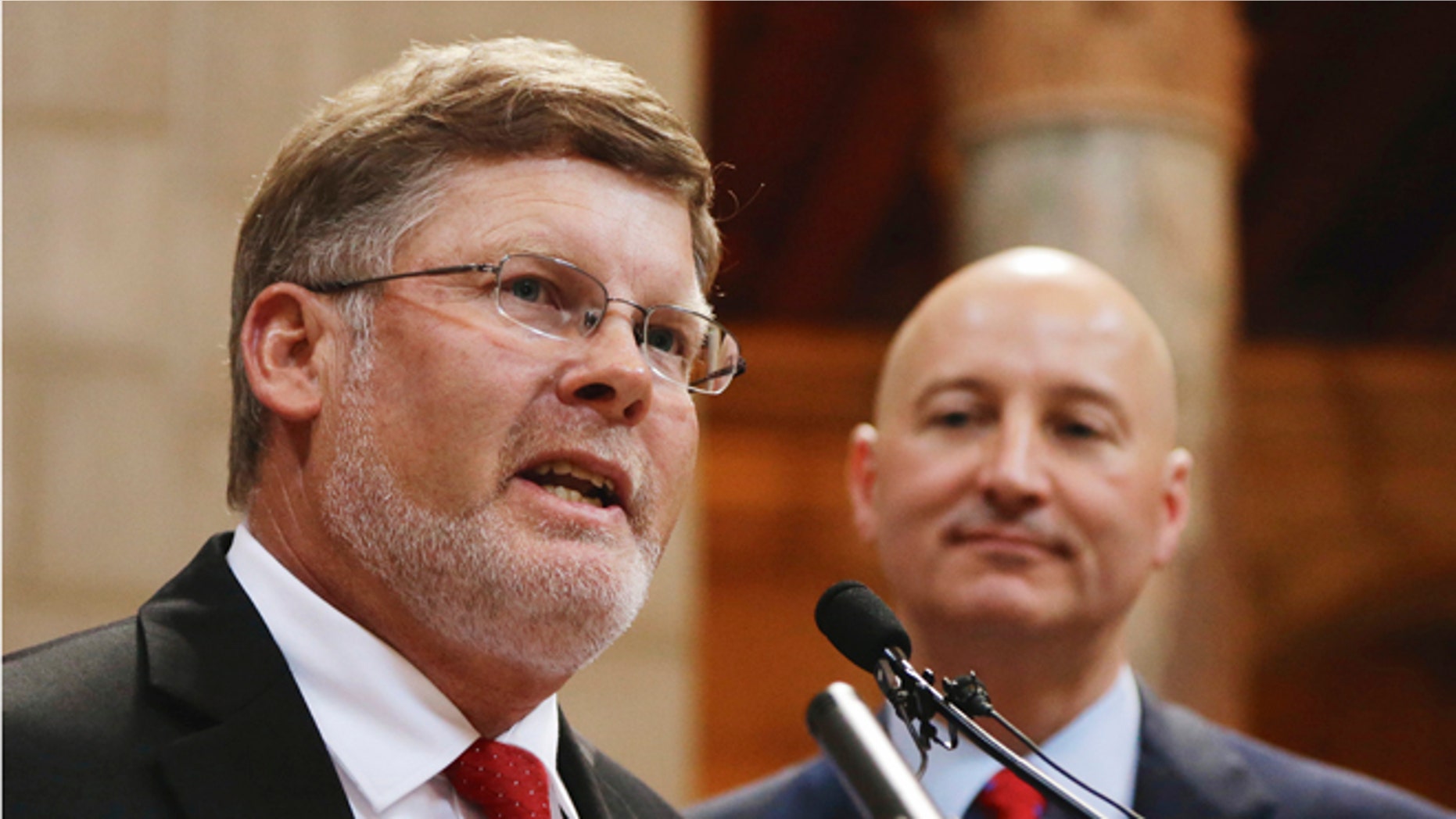In this June 2, 2014 file photo, Nebraska Lt. Gov. Lavon Heidemann speaks in Lincoln, Neb.
