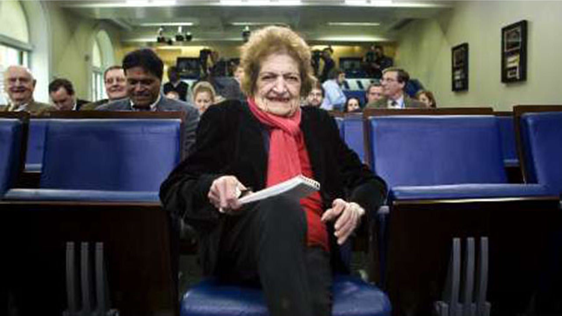 Helen Thomas sits in what was then her front-row seat in the White House Briefing Room. Thomas has been criticized for her anti-Semitic remarks lately, causing her to lose her seat, and other honors in her name.