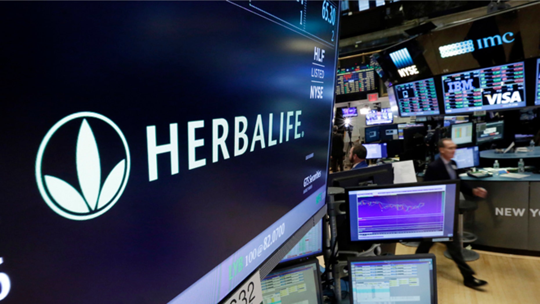 FILE - In this May 6, 2016 file photo, the Herbalife logo appears above the post where it trades on the floor of the New York Stock Exchange. The Federal Trade Commission is closing an investigation of Herbalife and the multinational, nutritional supplements company will to pay $200 million to settlement allegations that it deceived consumers. The company said in a written statement on Friday, July 15, that the FTC settlement doesnââ¬â¢t change its business model as a direct selling company. (AP Photo/Richard Drew)