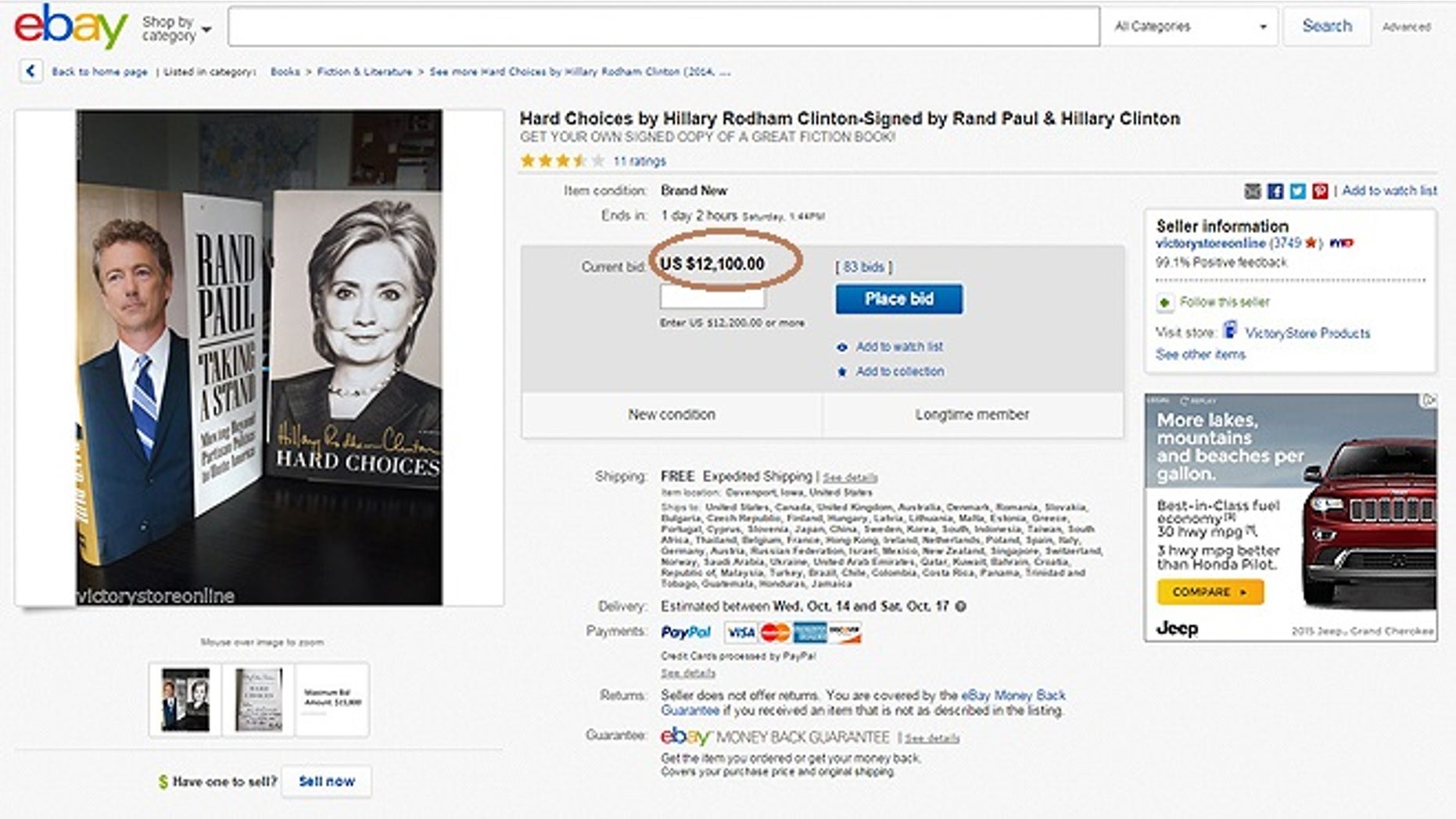 A copy of Hillary Clinton's Memoir, "Hard Choices" being auctioned off by Sen. Rand Paul has garnered a $12,100 bid.