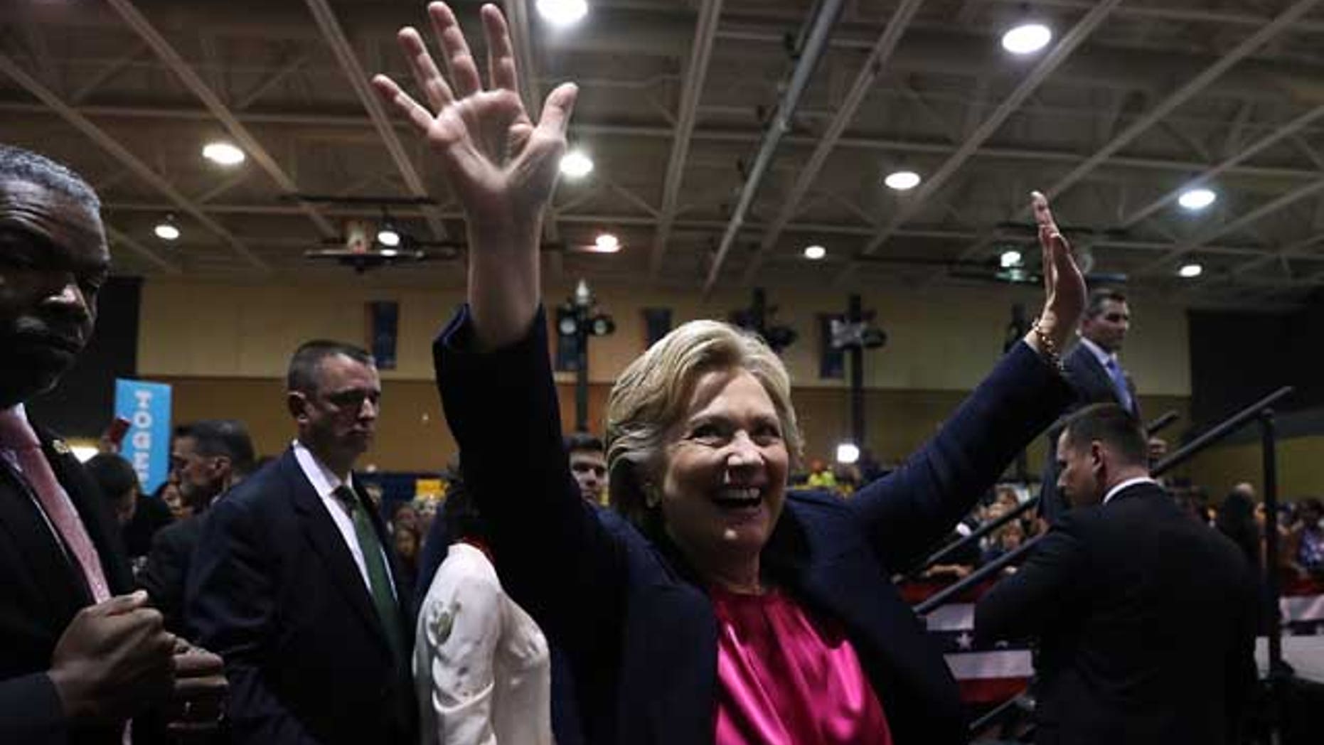RALEIGH, NC - SEPTEMBER 27: Democratic presidential nominee former Secretary of State Hillary Clinton greets supporters during a campaign rally at Wake Technical Community College on September 27, 2016 in Raleigh, North Carolina. Hillary Clinton is campaigning in North Carolina a day after facing off with republican presidential nominee Donald Trump in the first presidential debate. (Photo by Justin Sullivan/Getty Images)