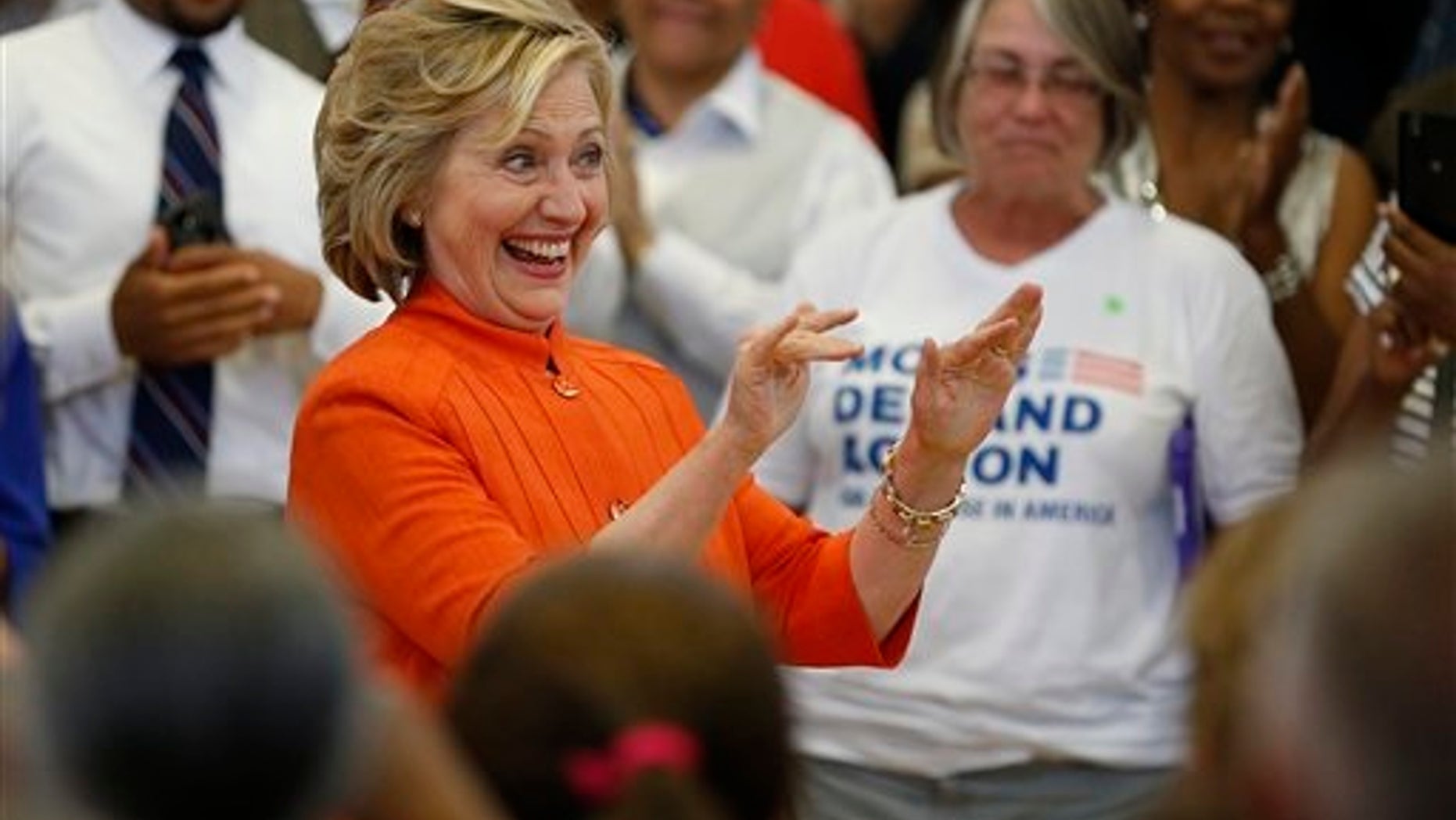 Democratic presidential candidate Hillary Rodham Clinton speaks at a town hall meeting Tuesday, Aug. 18, 2015, in North Las Vegas, Nev. The stop was the first of three in the Las Vegas area on Tuesday. (AP Photo/John Locher)