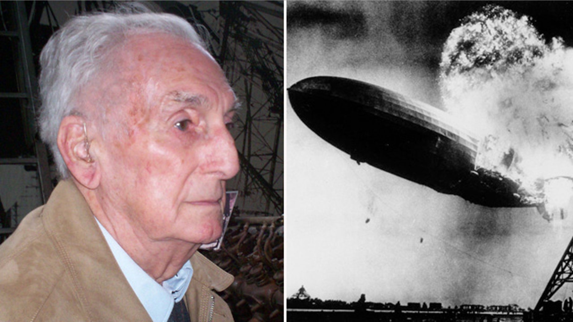 An undated photo, left, provided by John Provan shows Werner Franz, the last surviving crew member of the Hindenburg airship disaster, right, 77 years ago. Franz died Aug. 13 in Frankfurt, Germany. Franz was a cabin boy on the Hindenburg, making three journeys to South America and one to North America before the disaster. (AP Photo/dpa, John Provan)
