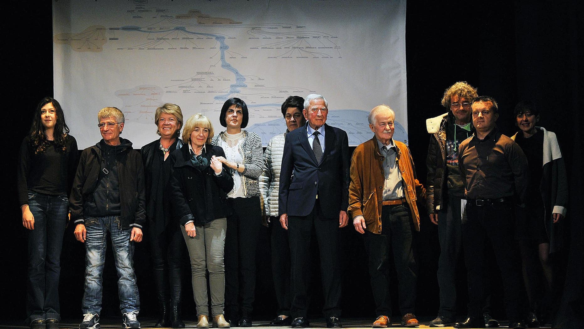 Descendants of Leonardo da Vinci pose at the theater of Vinci, near Florence, Italy, on Thursday.