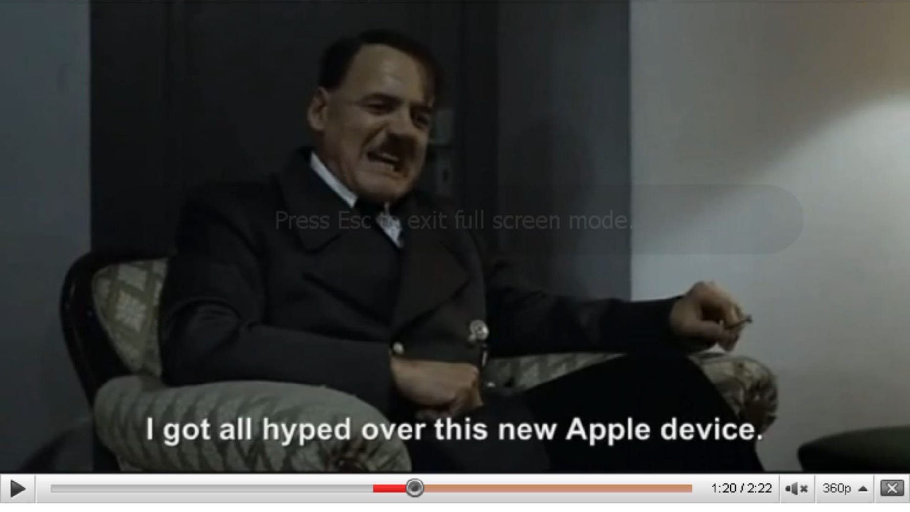 As the character playing Hitler lashes out in German, the subtitles in English from the original movie are replaced to indicate a completely different reason for the Fuhrer’s rage.
