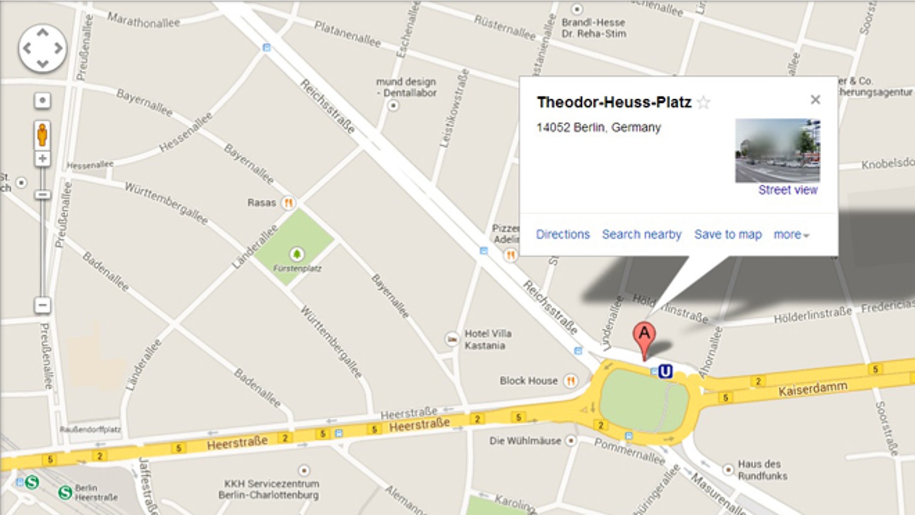 Google has apologized after a Berlin intersection accidentally regained its Nazi-era name, Adolf-Hitler-Platz, on the Google Maps service. The intersection is seen here with its corrected name, Theodor-Heuss-Platz.