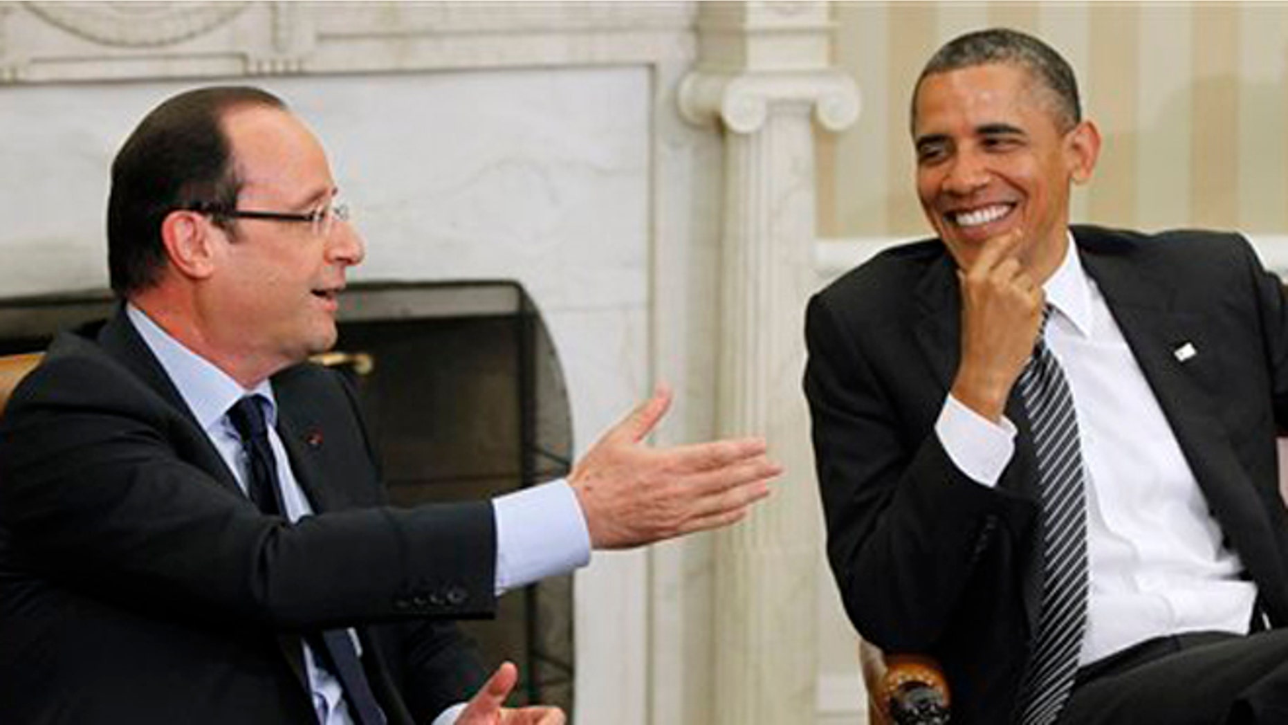 President Barack Obama meets with French President Francois Hollande, Friday, May 18, 2012, in the Oval Office of the White House.