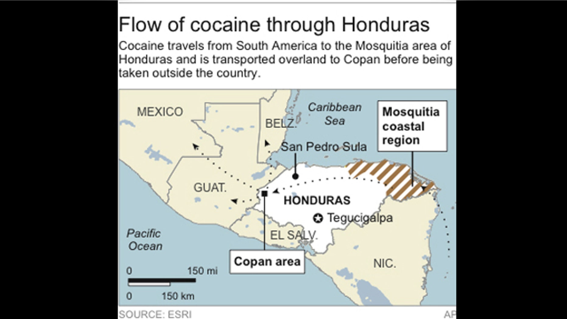 Map locates the Mosquitia coastal area and Copan area in Honduras