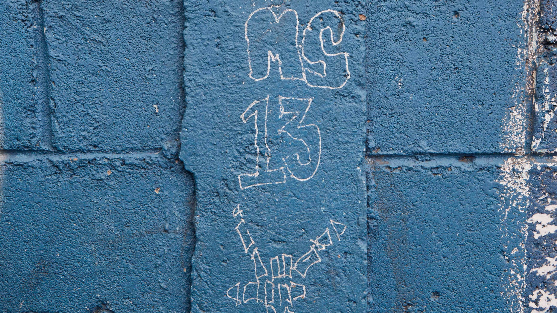 A MS-13 gang graffiti next to door of the Jose Ramon Montoya school in Tegucigalpa, Honduras.