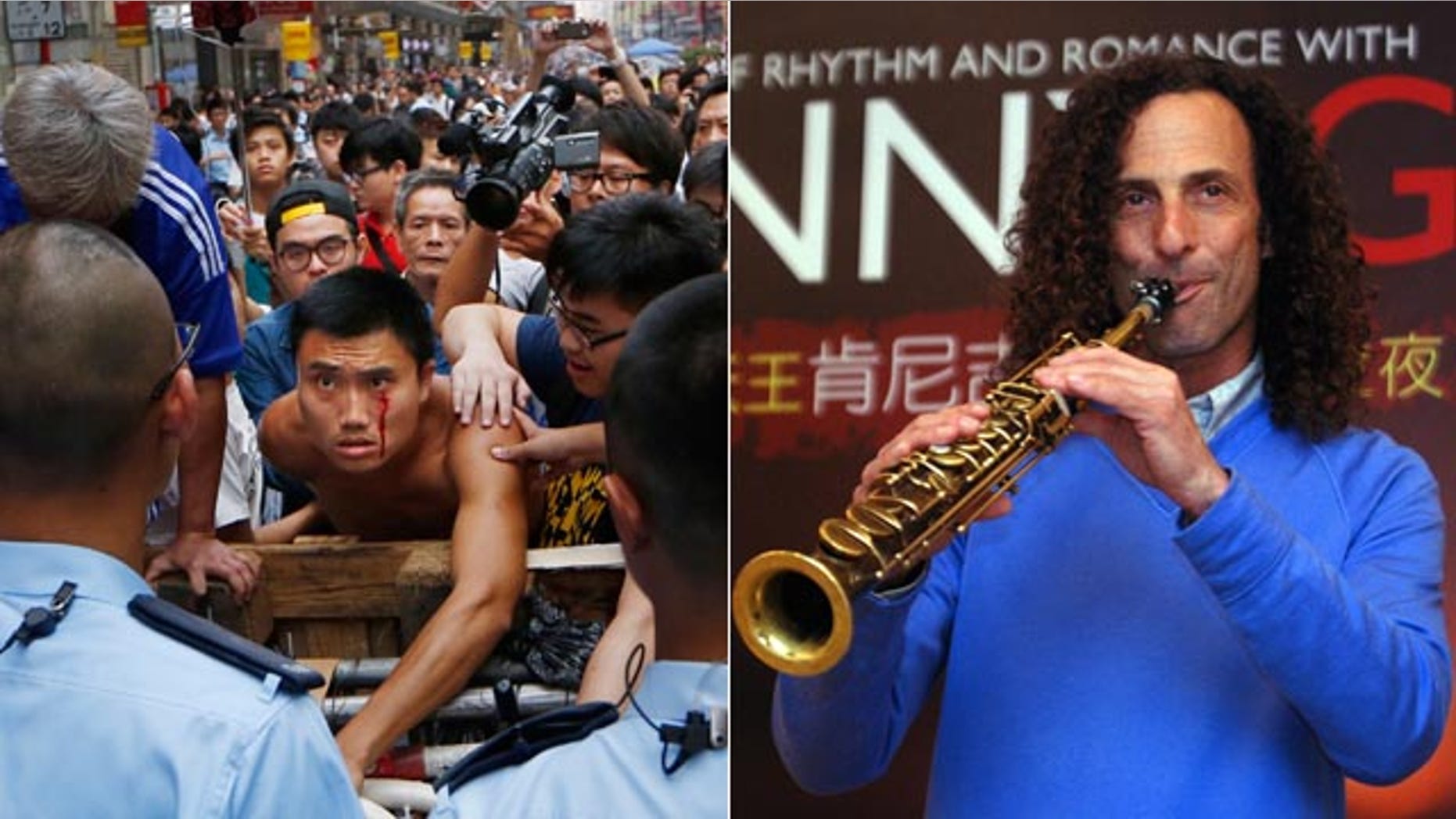 At left, A protester bleeds from his face as he tries to stop a group of taxi drivers from trying to remove the barricades in the Mong Kok district of Hong Kong Wednesday. At right, Kenny G, smooth jazz saxophonist, performs during a media event announcing a concert, in Taipei, Taiwan in 2010. (AP Photo/Kin Cheung, File)