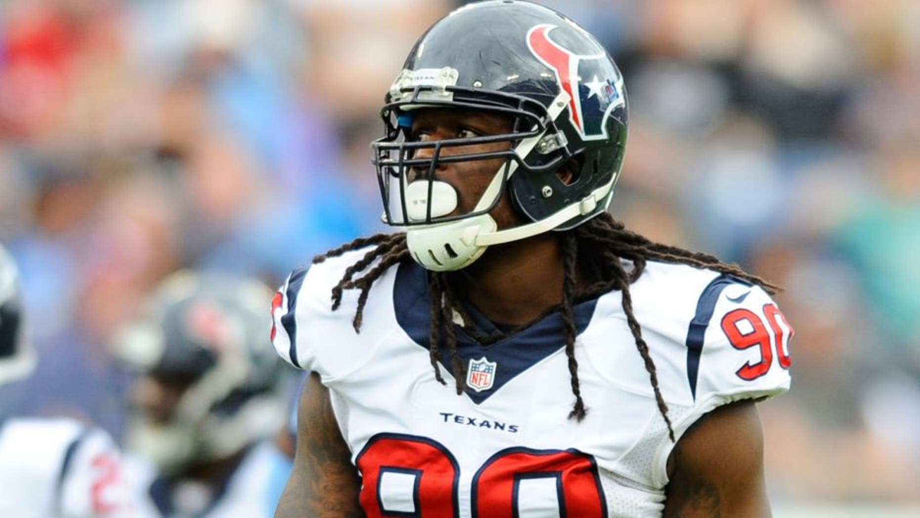 Dec 27, 2015; Nashville, TN, USA; Houston Texans linebacker Jadeveon Clowney (90) during the first half against the Tennessee Titans at Nissan Stadium. Mandatory Credit: Christopher Hanewinckel-USA TODAY Sports