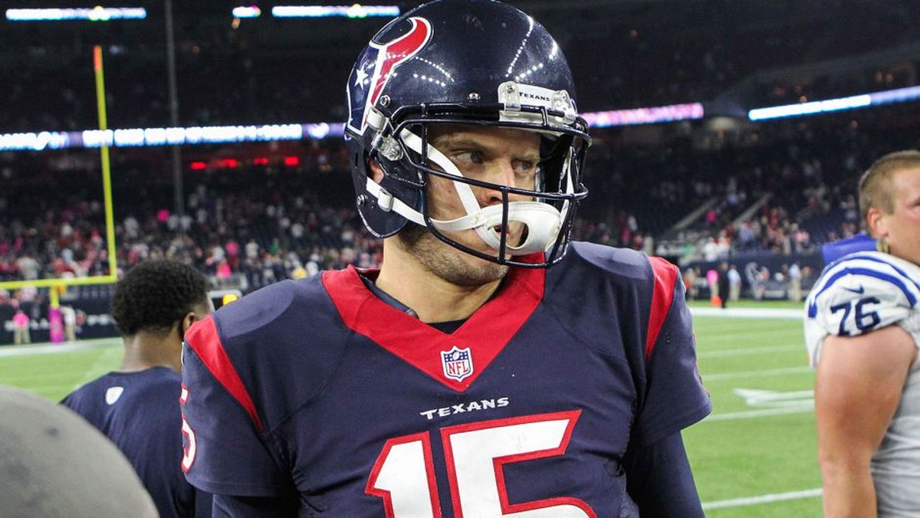 Oct 8, 2015; Houston, TX, USA; Houston Texans quarterback Ryan Mallett (15) after a game against the Indianapolis Colts at NRG Stadium. Mandatory Credit: Troy Taormina-USA TODAY Sports