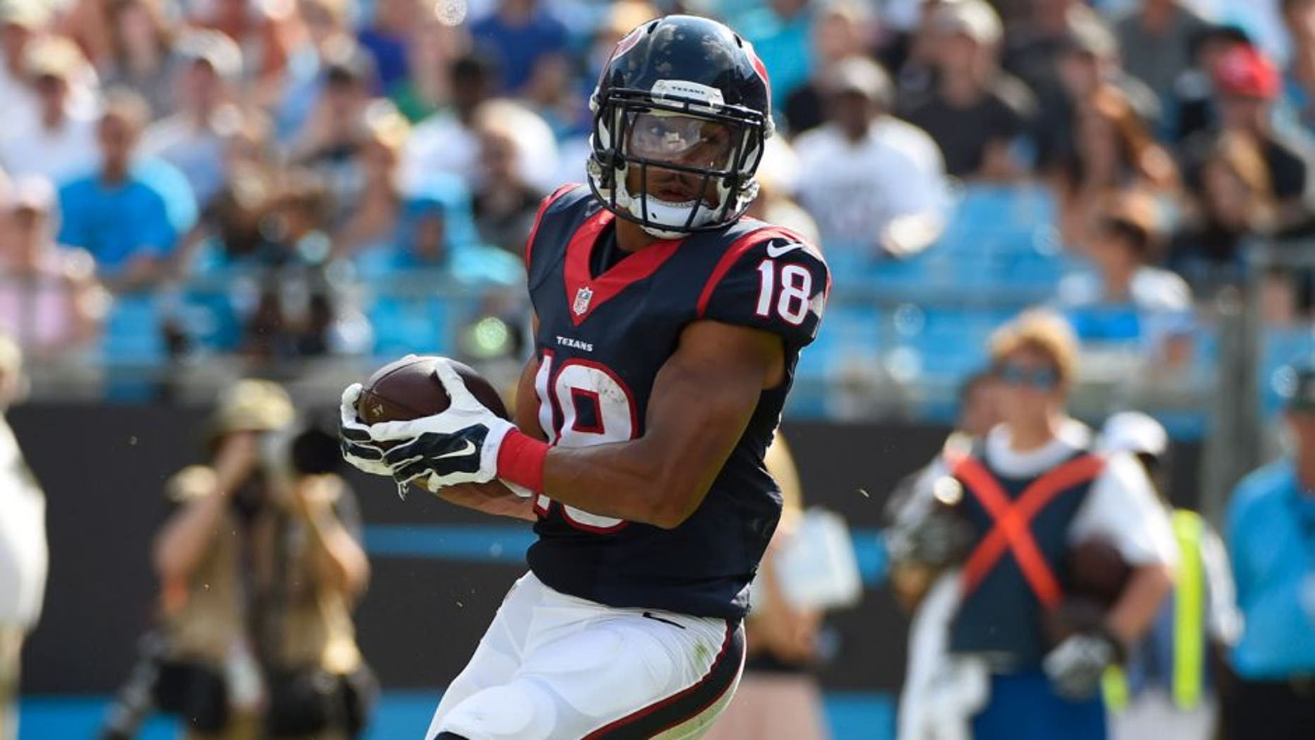 Sep 20, 2015; Charlotte, NC, USA; Houston Texans wide receiver Cecil Shorts (18) with the ball in the fourth quarter. The Panthers defeated the Texans 24-17 at Bank of America Stadium. Mandatory Credit: Bob Donnan-USA TODAY Sports