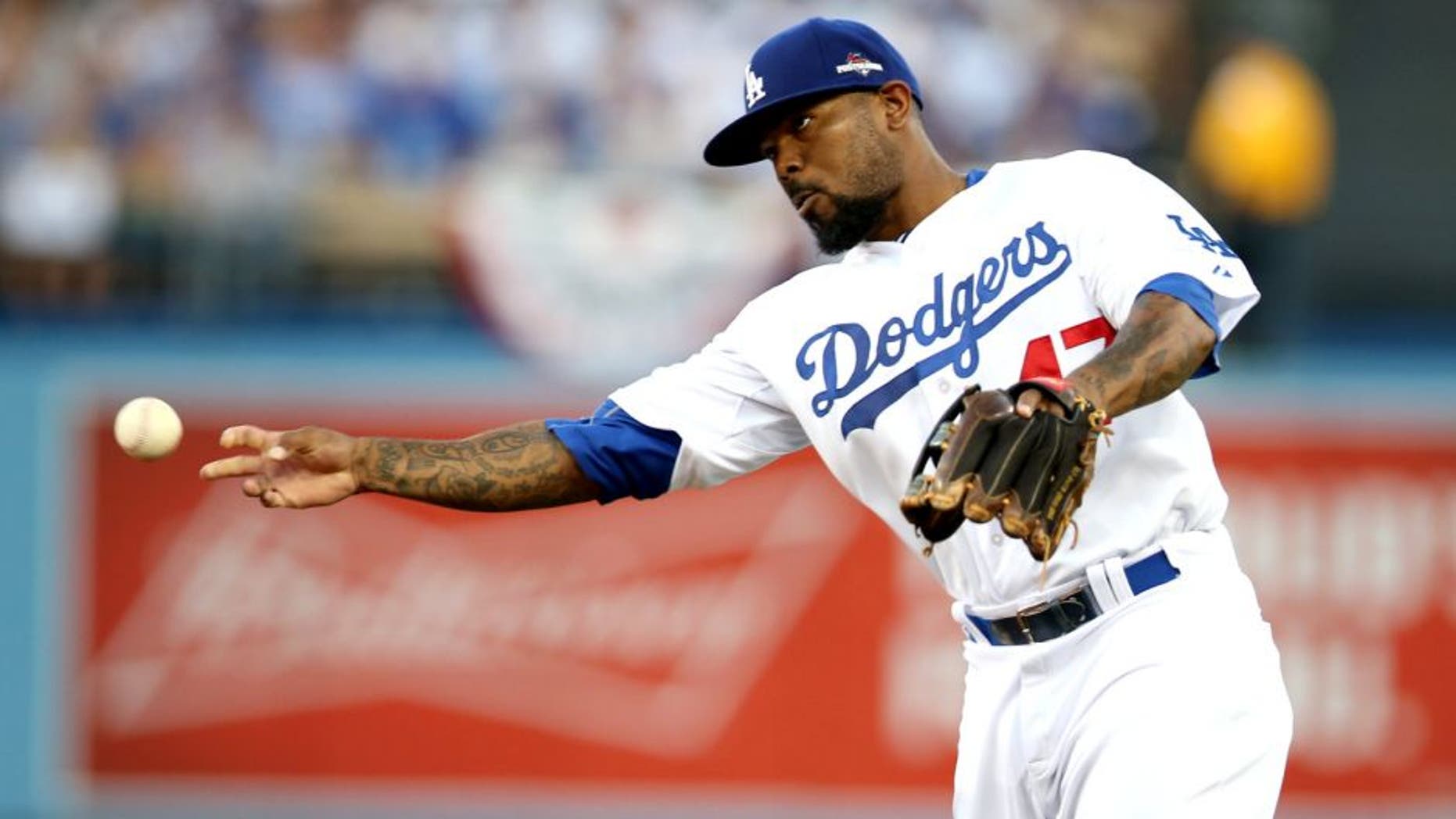 LOS ANGELES, CA - OCTOBER 15: Howie Kendrick #47 of the Los Angeles Dodgers throws to first base during Game 5 of the NLDS against the New York Mets at Dodgers Stadium on Thursday, October 15, 2015 in Los Angeles, California. (Photo by Rob Leiter/MLB Photos via Getty Images)