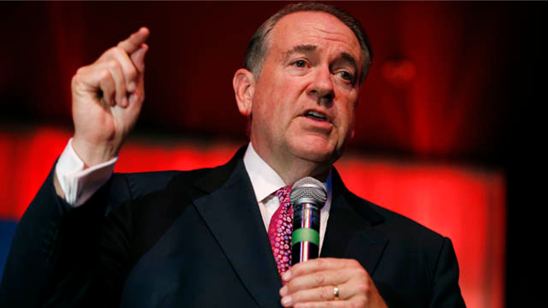 FILE - In this Thursday, July 23, 2015, file photo, GOP presidential candidate former Arkansas Gov. Mike Huckabee speaks at a campaign event in Las Vegas. (AP Photo/John Locher, File)