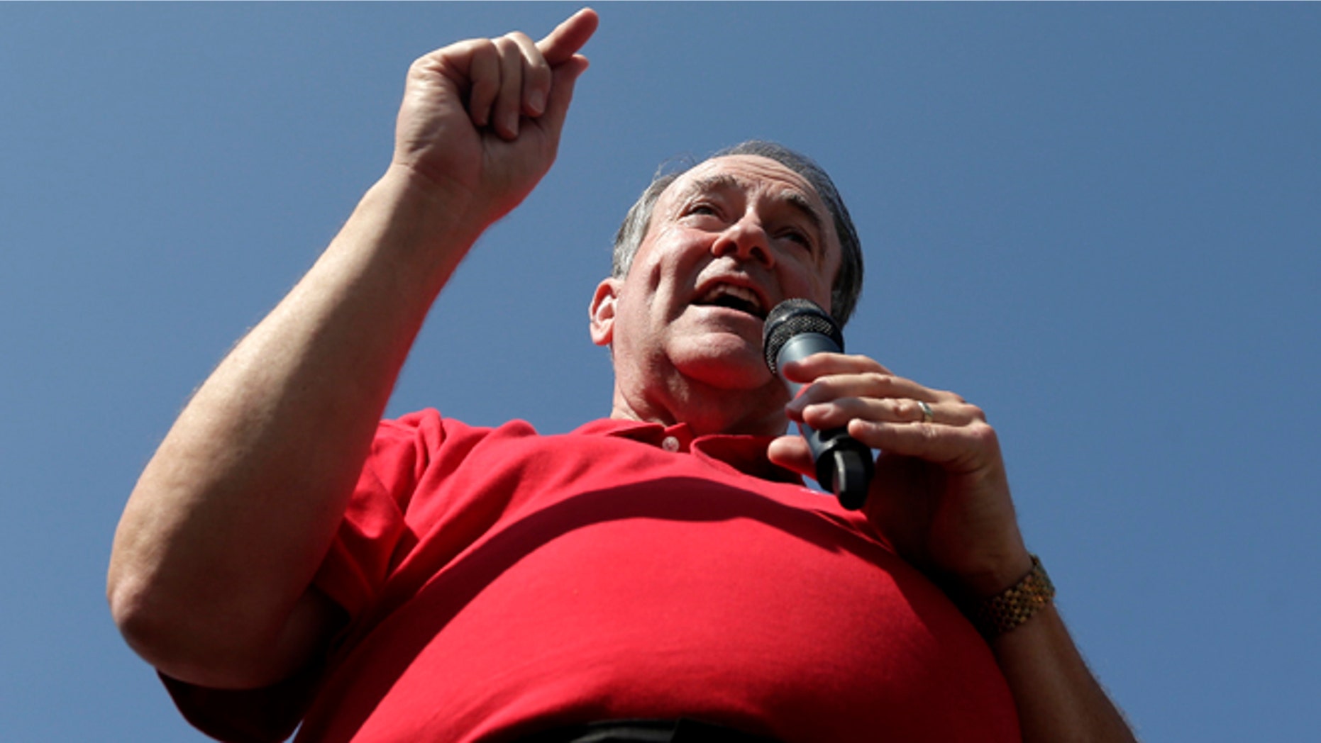 Republican presidential candidate, former Arkansas Gov. Mike Huckabee speaks at the Iowa State Fair, Thursday, Aug. 13, 2015, in Des Moines. (AP Photo/Charlie Riedel)