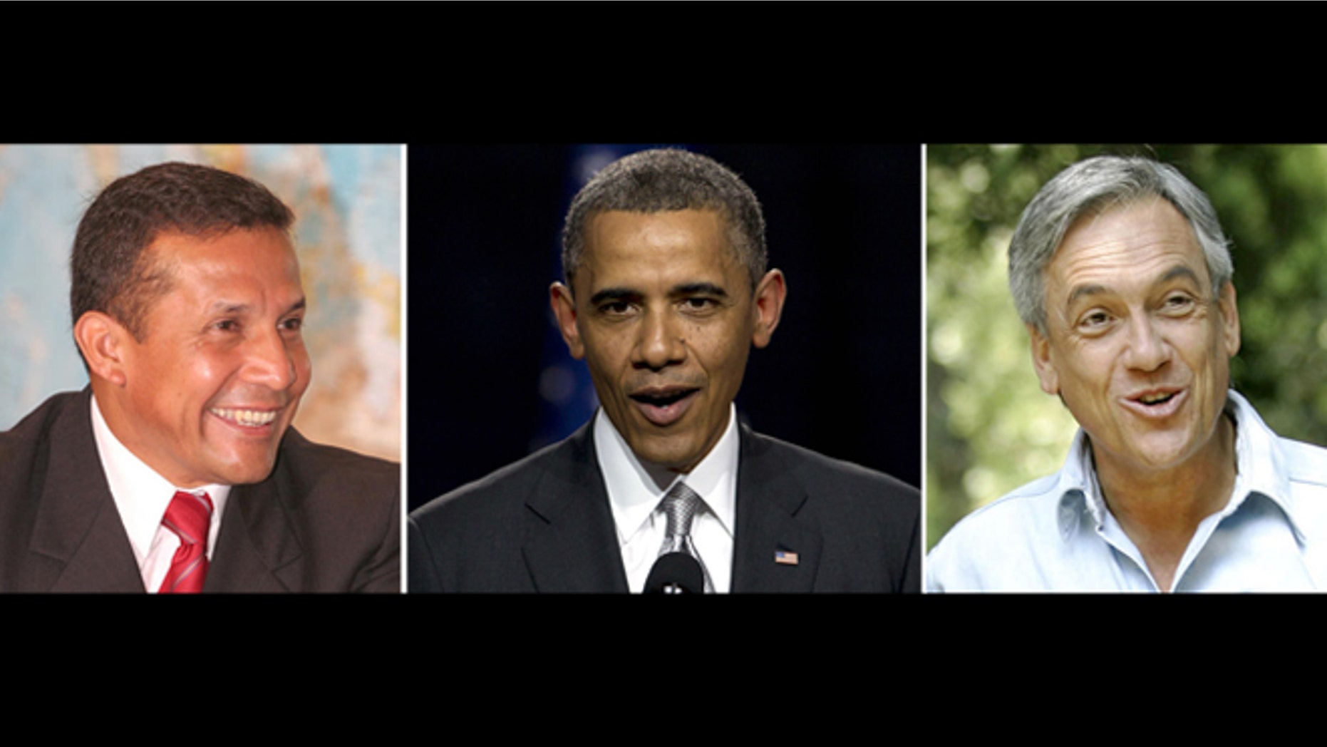 This is a photo composite of Peruvian President Ollanta Humala (left, U.S. President Barack Obama (center) and Chilean President Sebastián Piñera.