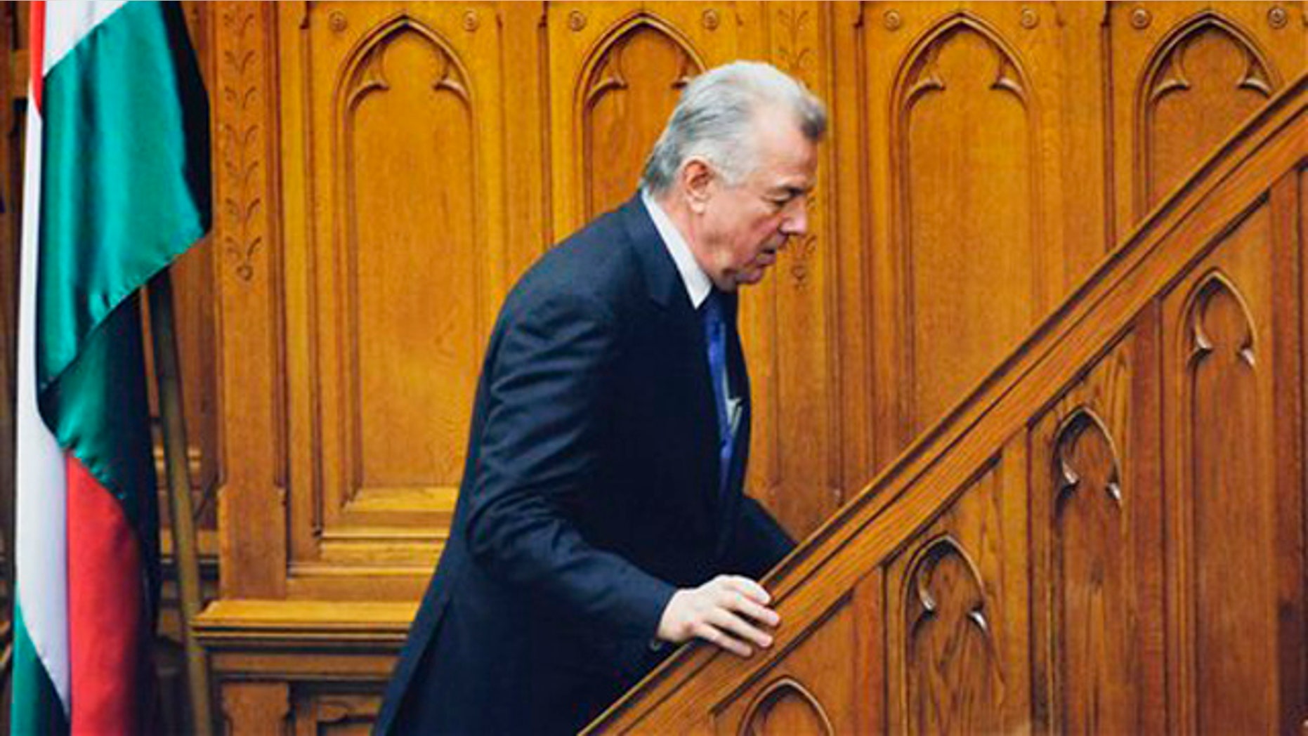 April 2, 2012: Hungarian President Pal Schmitt is seen on his way to the podium prior to his announcement of his resignation during the plenary session of the Parliament in Budapest, Hungary.