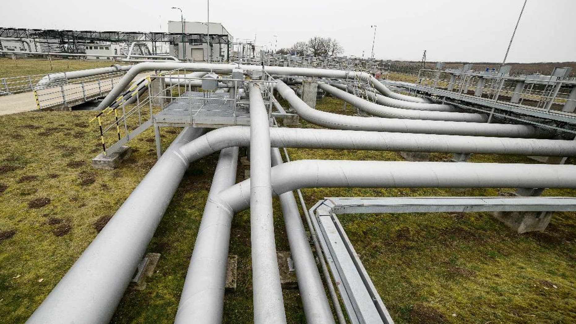 A partial view of the pumping station of the oil pipeline Friendship I at Tupa, Slovakia, near the Hungarian border, Monday, Febr. 9, 2015. The renewed 128km pipeline connecting Szazhalombatta, just south of Budapest, Hungary, and Sahy, Southern Slovakia, was ceremonially inaugurated by prime ministers of Hungary and Slovakia on Monday. (AP Photo/MTI, Peter Komka)