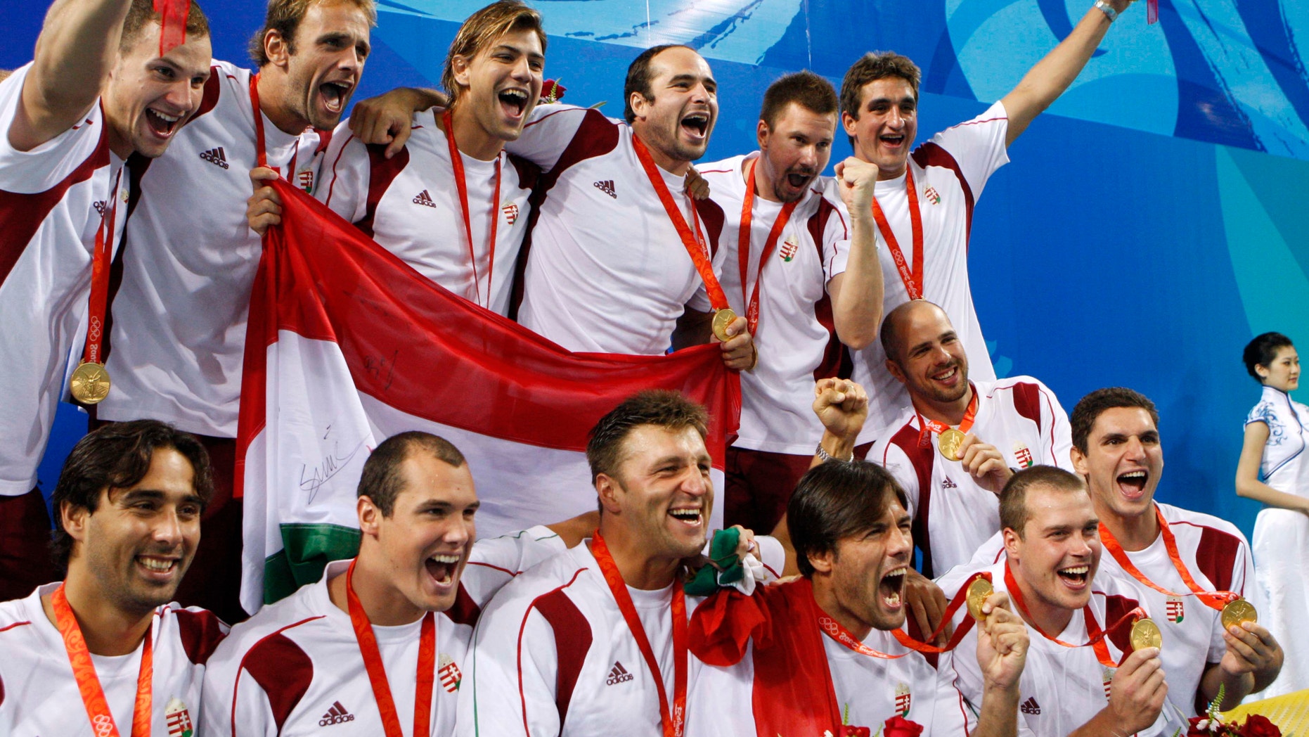 Aug. 24, 2008: In this photograph, Hungary men's water polo team pose with their gold medals after beating the USA 14-10 to win the gold at the Beijing 2008 Olympics in Beijing.