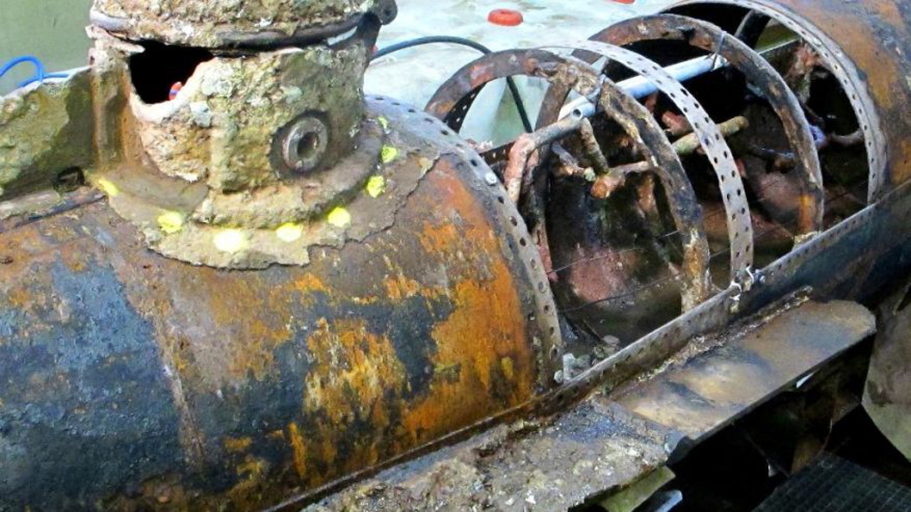 The Confederate submarine H.L. Hunley is seen at conservation lab in North Charleston, S.C., on Jan. 27, 2015 photo.