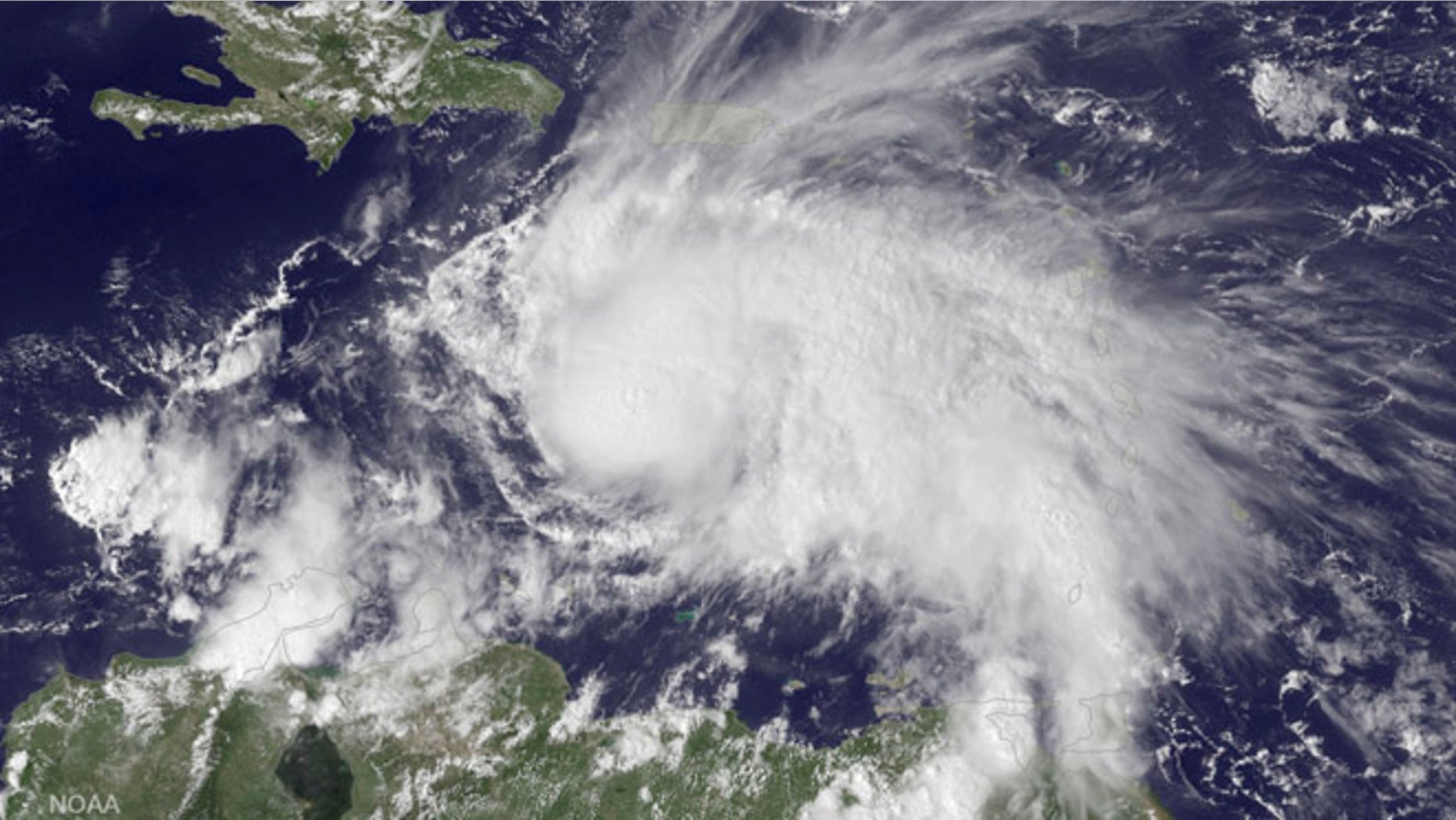 The GOES East satellite image provided by the National Oceanic and Atmospheric Administration (NOAA) on Thursday, Sept. 29, 2016 at 2:45 p.m. EDT, shows Hurricane Matthew in the Caribbean Sea about 190 miles northeast of Curacao. Matthew, one of the most powerful Atlantic hurricanes in recent history, weakened a little on Saturday, Oct. 1, 2016, as it drenched coastal Colombia and roared across the Caribbean on a course that still puts Jamaica, Haiti and Cuba in the path of potentially devastating winds and rain. (NOAA via AP)
