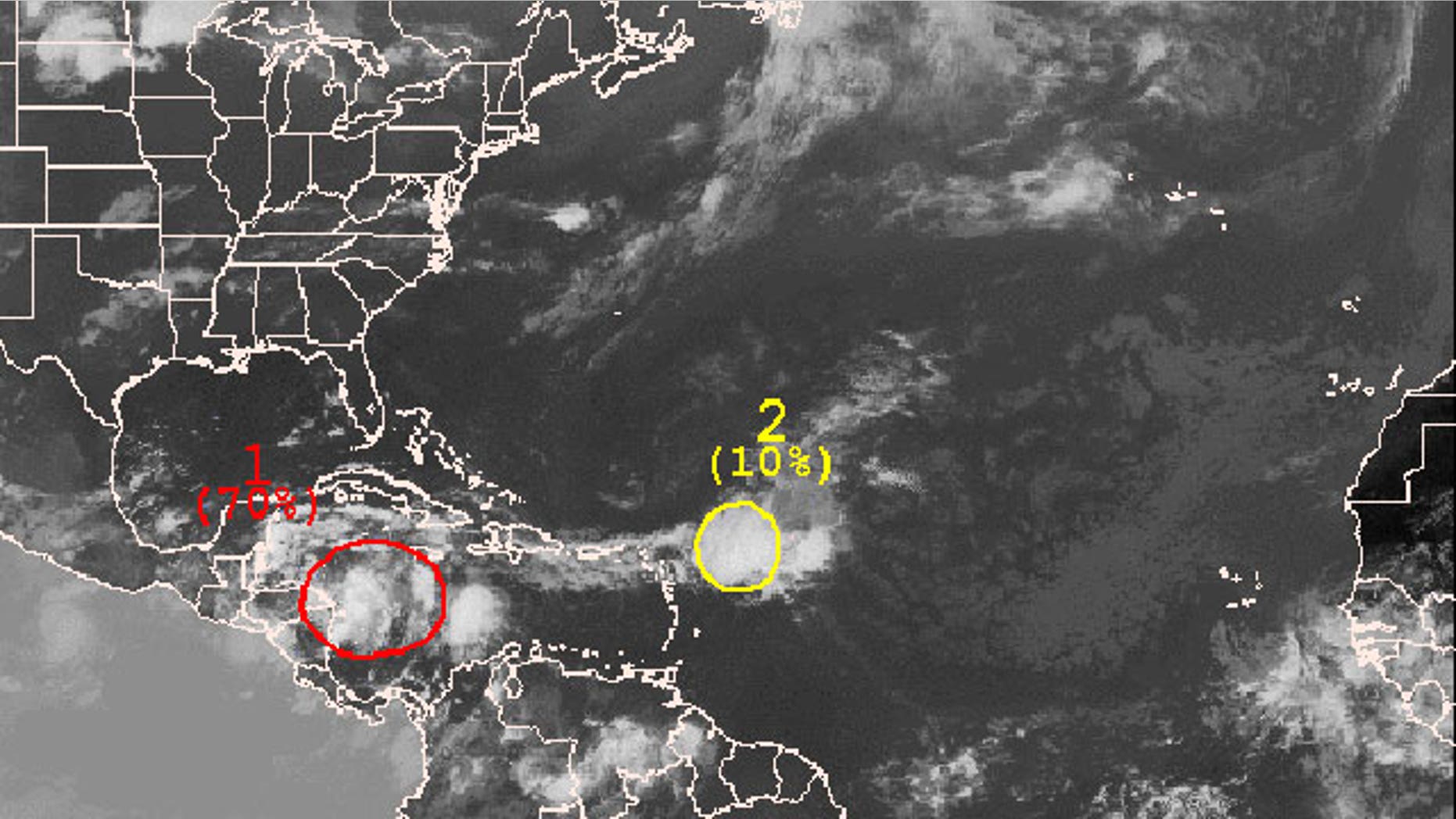The outlined area in this satellite photo indicate the current position of systems being monitored by the National Hurricane System. Color indicates the probability that the formation will become a tropical cyclone within 48 hours.