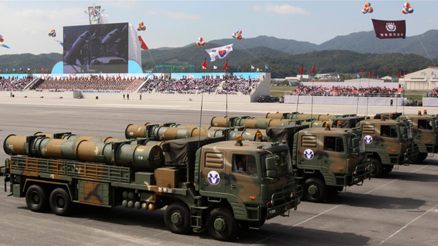Oct. 1, 2013: South Korean Hyunmu-3 cruise missiles are displayed during a ceremony marking the 65th anniversary of Armed Forces Day at a military airport near Seoul, in Seongnam, South Korea. South Korea displayed the domestically-built missiles capable of hitting all parts of North Korea and other sophisticated weapons at the country's biggest Armed Forces Day ceremony in a decade.