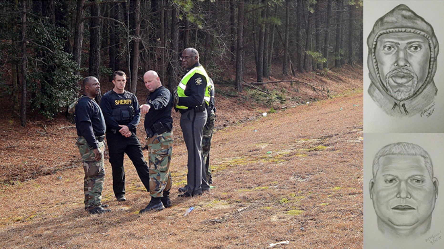 Wilson County Sheriff's Deputies investigate an area near Interstate 95, Monday, March 2, 2015, in Wilson, (AP Photo/The Wilson Times, Brad Coville) Inset: These images released Wednesday, March 4, 2015, by the Sheriff's Office, show composite sketches by investigators of two of the suspects in the heist. (AP Photo/Wilson County Sheriff's Office)