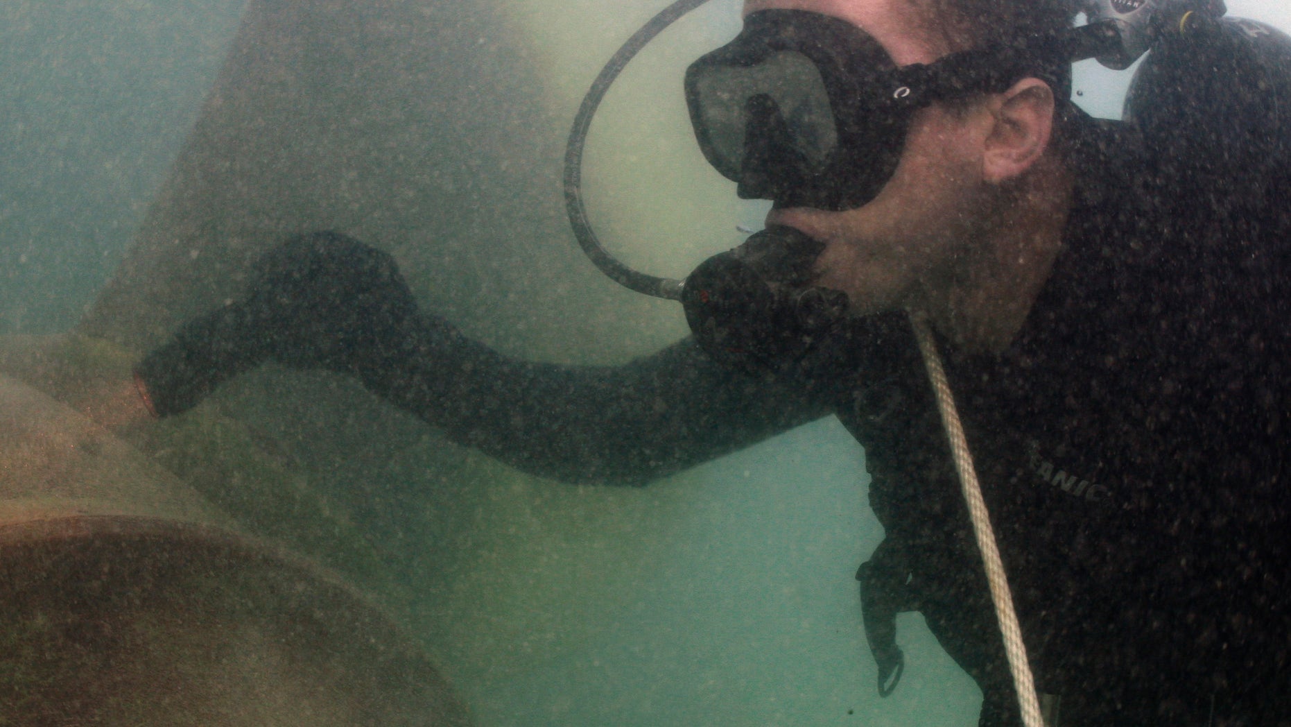 Feb. 4: A U.S. Immigration and Customs Enforcement diver checks the hull of the 498-foot container ship M/V Seaboard Pride in the murky waters of the Port of Miami in Miami, Fla. The divers were searching the ship for so-called "parasitic" devices used to smuggle drugs and potentially, terrorist bombs or weapons.