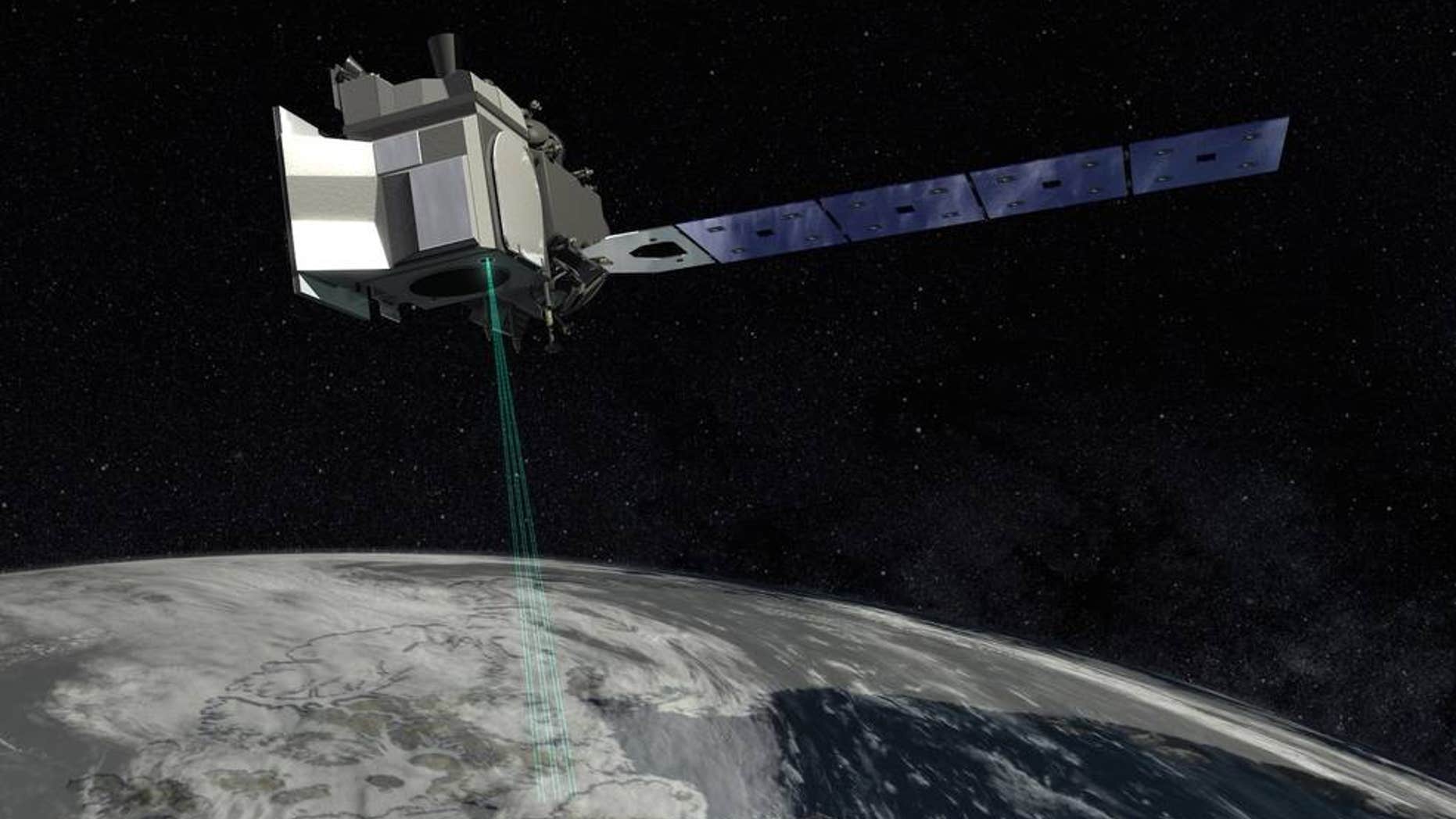An artist's depiction of the ICESat-2 satellite at work studying Earth's ice sheets.
