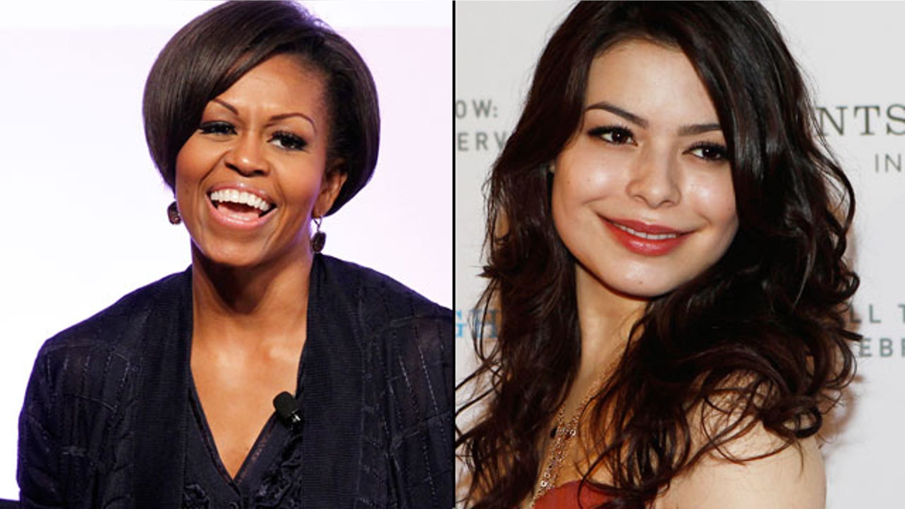 First lady Michelle Obama (left) will guest star on 'iCarly' with Miranda Cosgrove. (REUTERS)