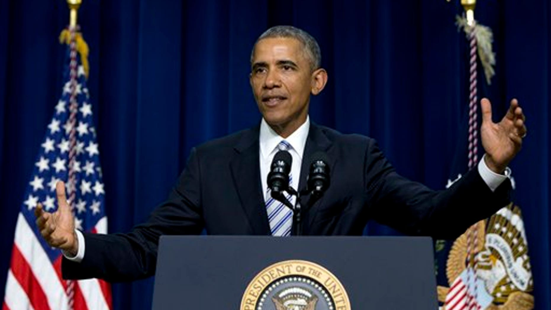 President Barack Obama speaks in the Eisenhower Executive Office Building in the White House Complex in Washington, Wednesday, Feb. 18, 2015. (AP Photo/Carolyn Kaster)