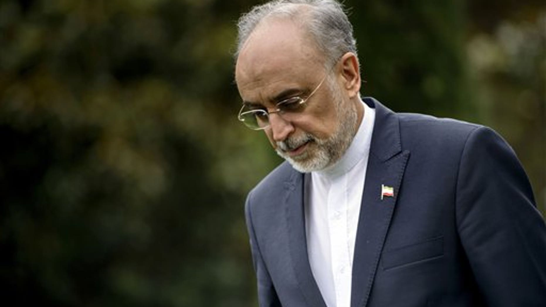 The Head of the Iranian Atomic Energy Organization Ali Akbar Salehi walks through a garden at the Beau Rivage Palace Hotel during an extended round of talks on Iran;s nuclear program, in Lausanne, Switzerland, Thursday April 2, 2015. (AP Photo/Brendan Smialowski, Pool)
