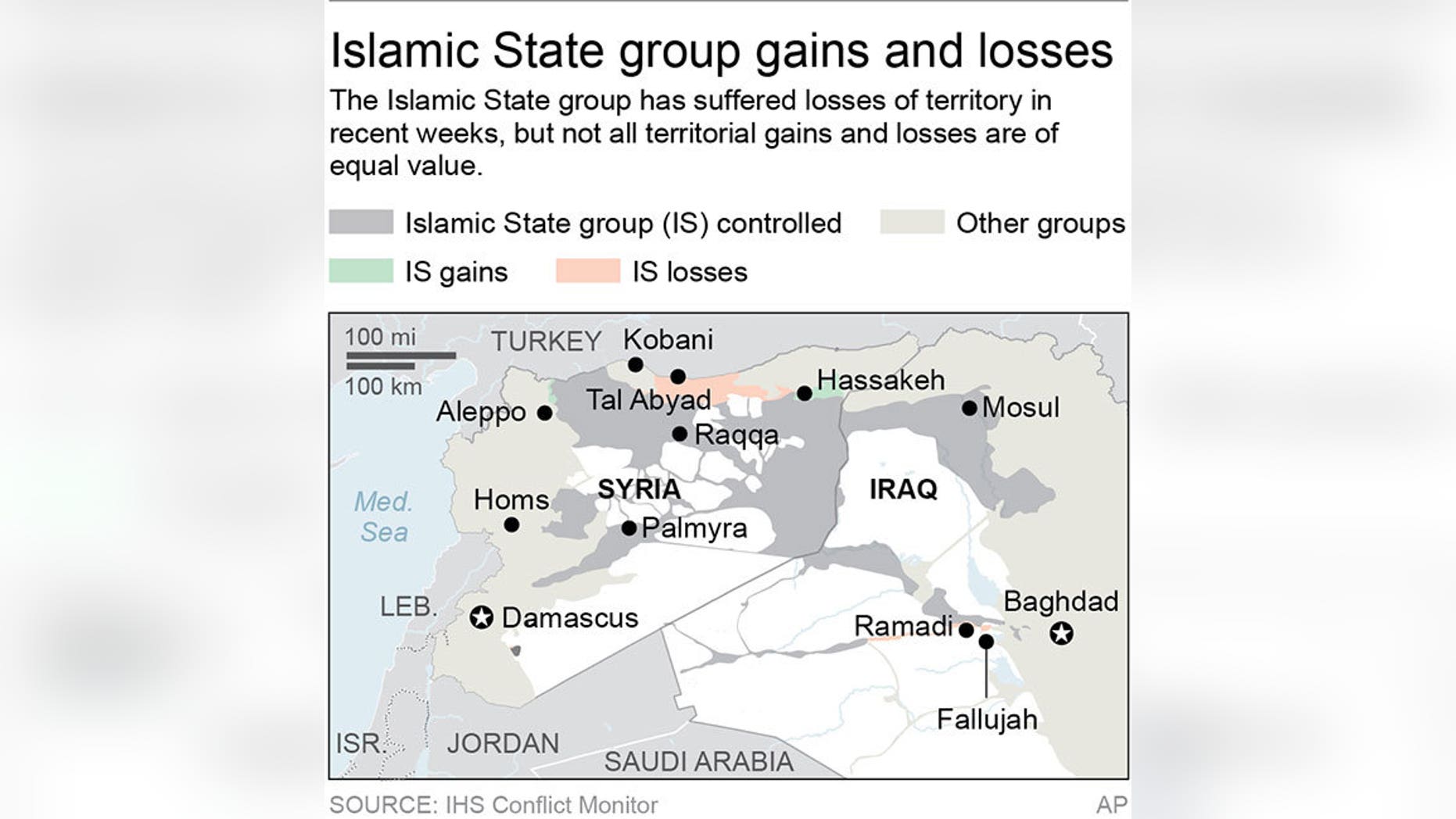 Map locates the Islamic State group’s area of control and territorial gains and losses in Syria and Iraq; 2c x 3 1/4 inches; 96.3 mm x 82 mm;