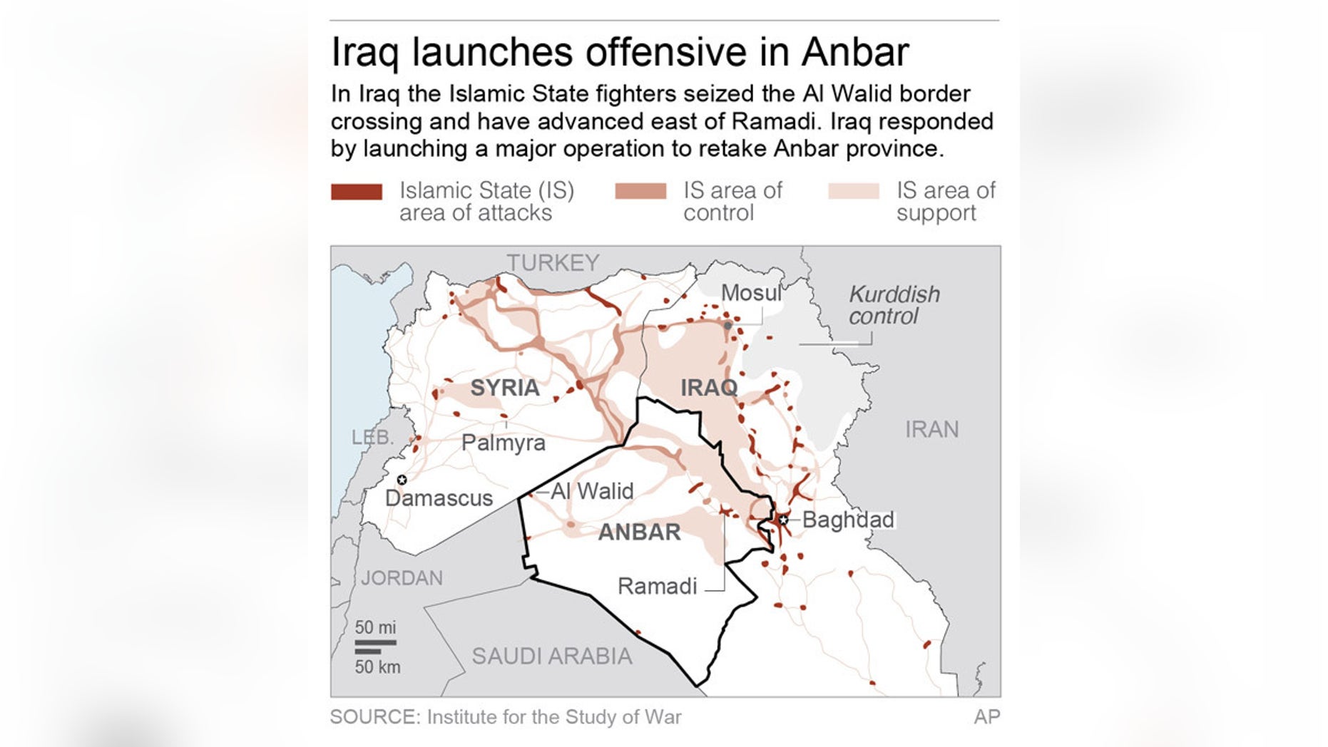 A map showing the location of ISIS' control.