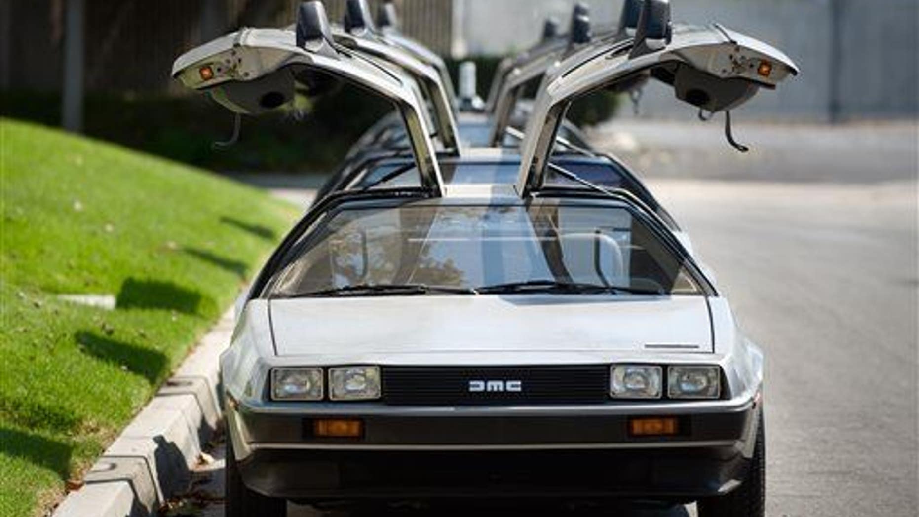 This photo shows DeLoreans parked outside The DeLorean Motor Company in Huntington Beach, Calif.