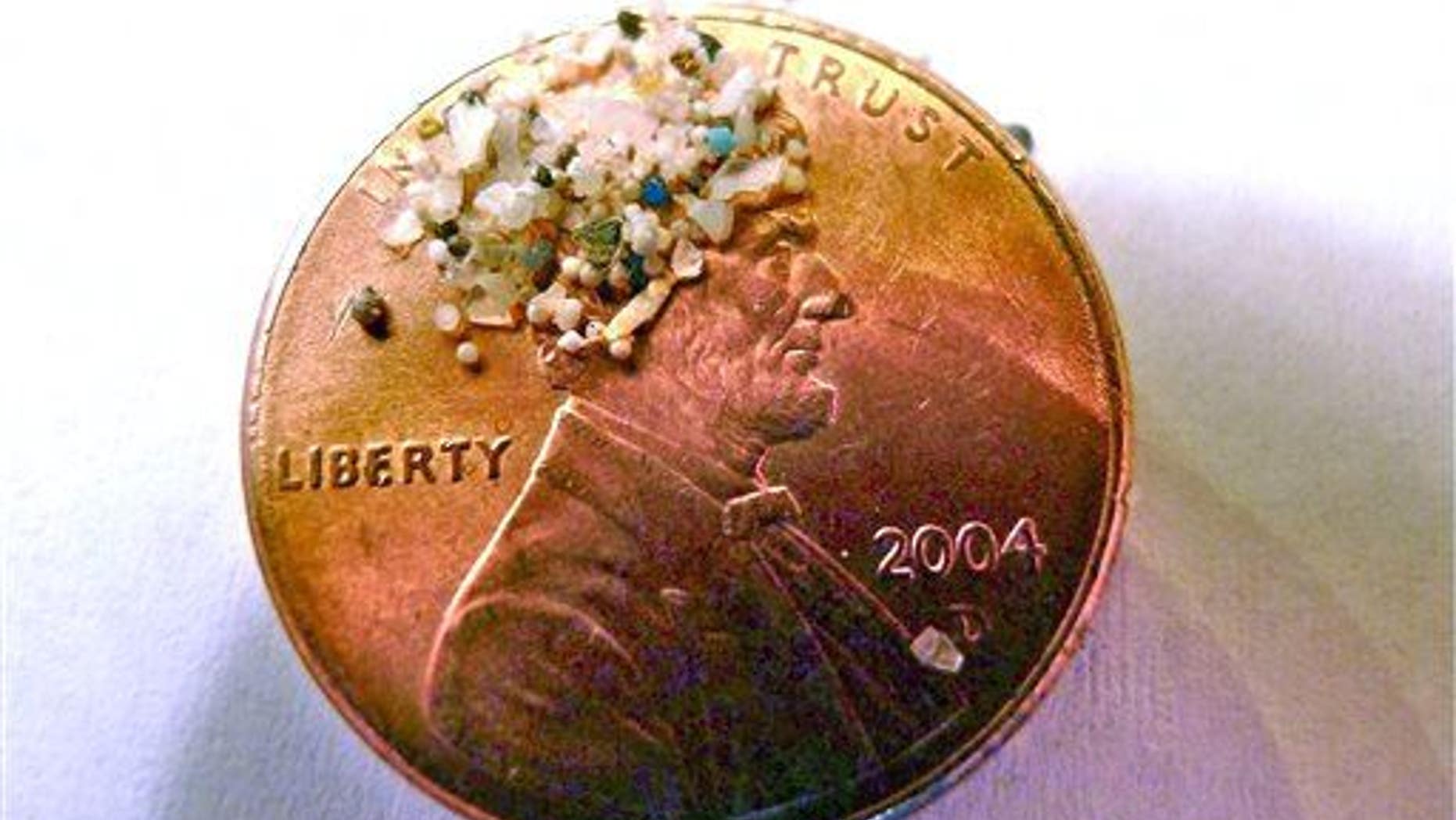 A sample of microbeads collected in eastern Lake Erie is shown on the face of a penny in 2012.