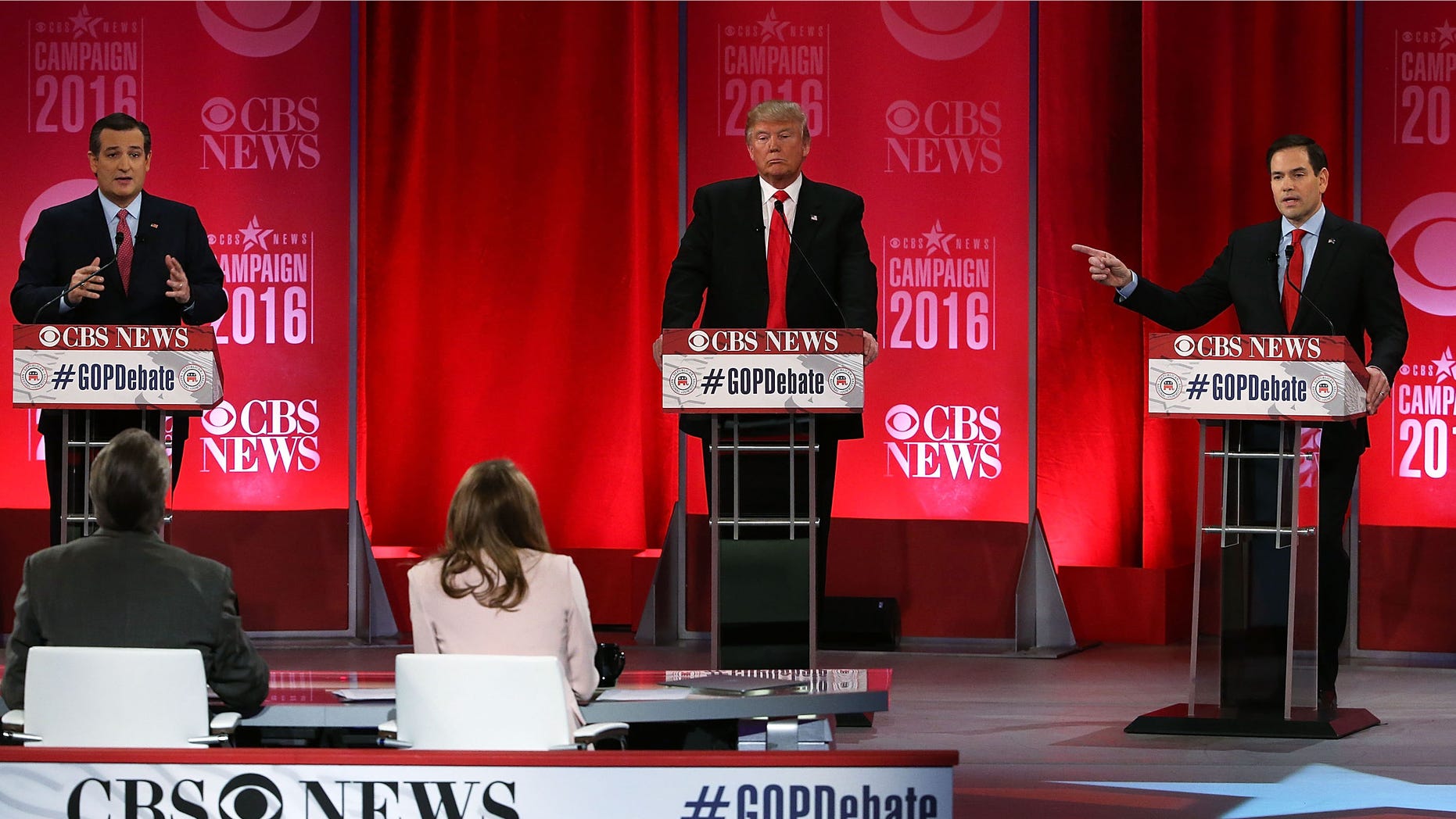 GREENVILLE, SC - FEBRUARY 13: Republican presidential candidates (L-R) Sen. Ted Cruz (R-TX), Donald Trump and Sen. Marco Rubio (R-FL) participate in a CBS News GOP Debate February 13, 2016 at the Peace Center in Greenville, South Carolina. Residents of South Carolina will vote for the Republican candidate at the primary on February 20. (Photo by Spencer Platt/Getty Images)